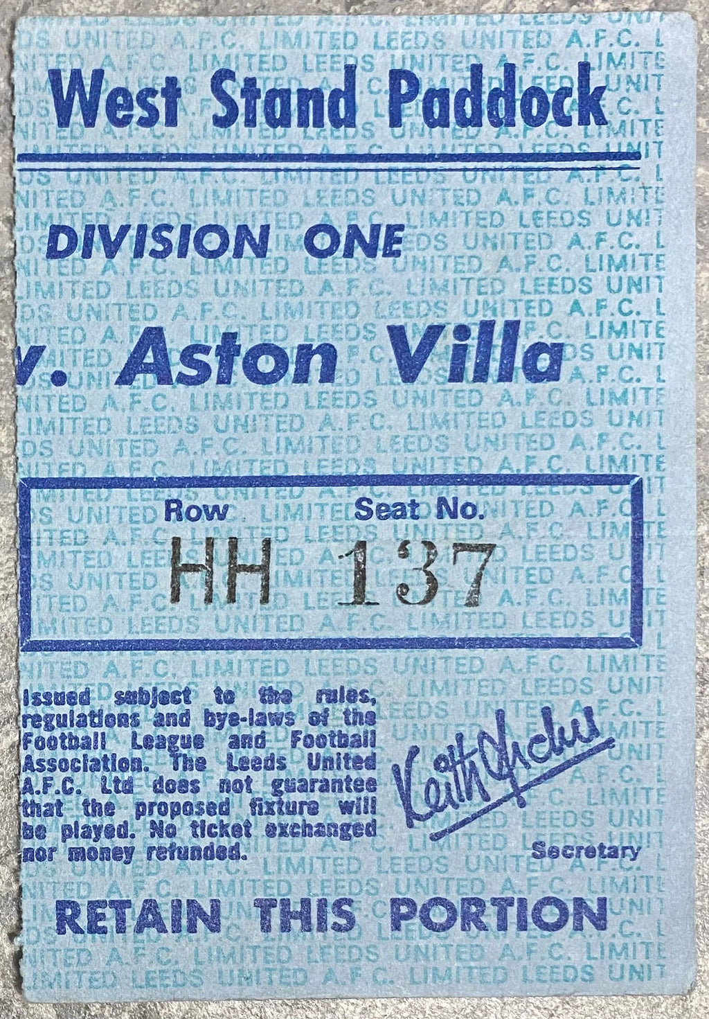 1975/76 ORIGINAL DIVISION ONE TICKET LEEDS UNITED V ASTON VILLA