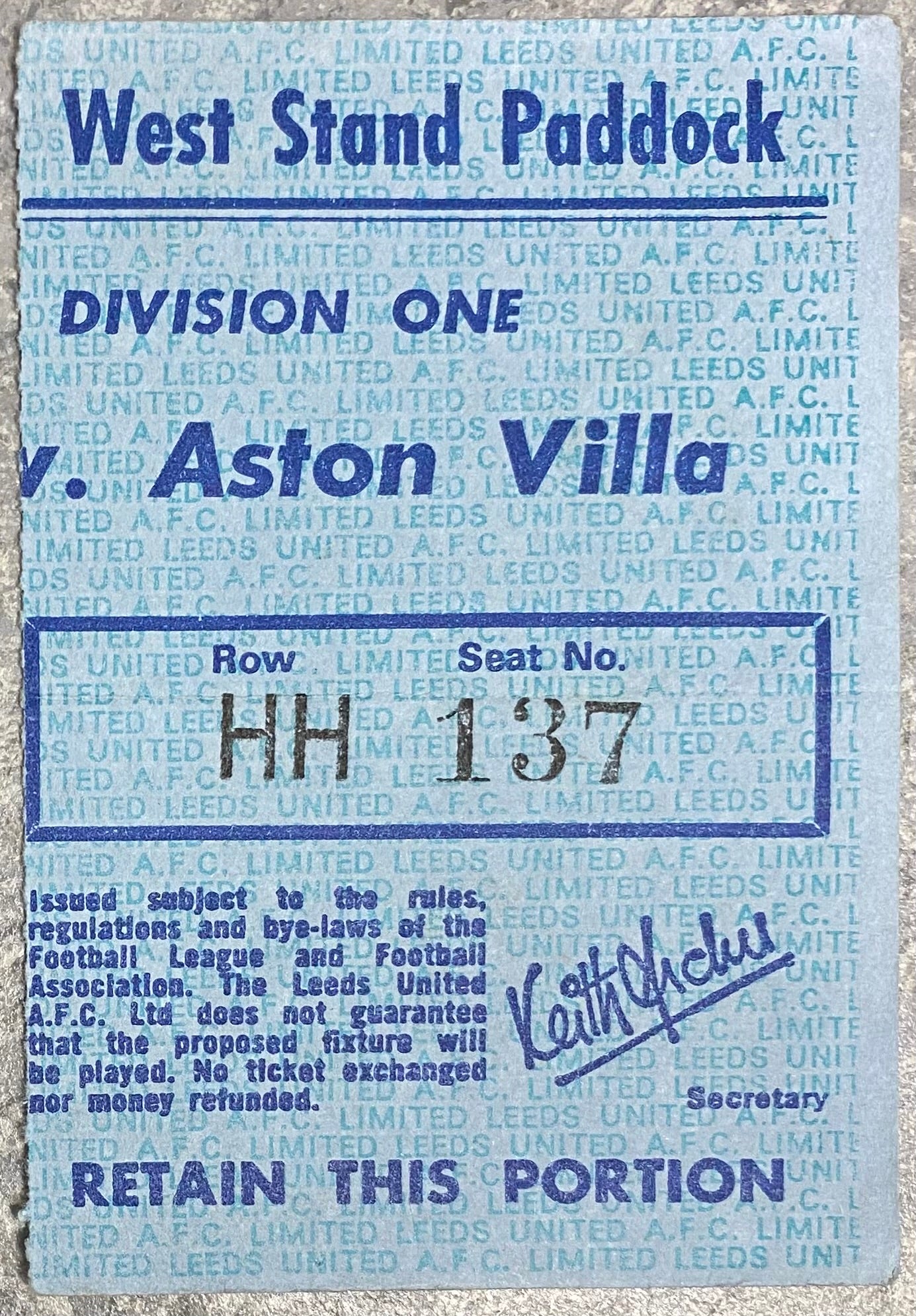 1975/76 ORIGINAL DIVISION ONE TICKET LEEDS UNITED V ASTON VILLA