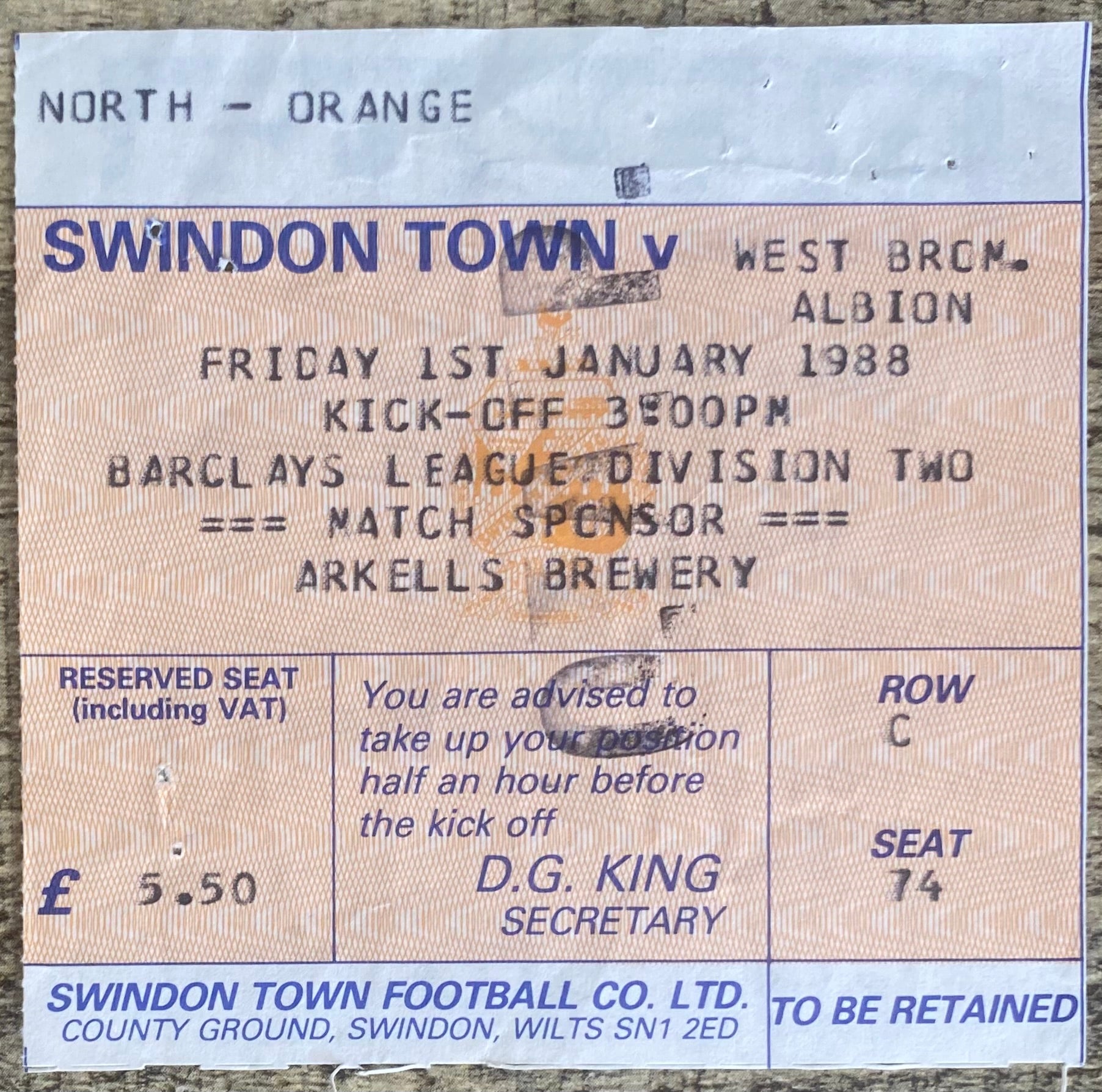1987/88 ORIGINAL DIVISION 2 TICKET SWINDON TOWN V WEST BROMWICH ALBION