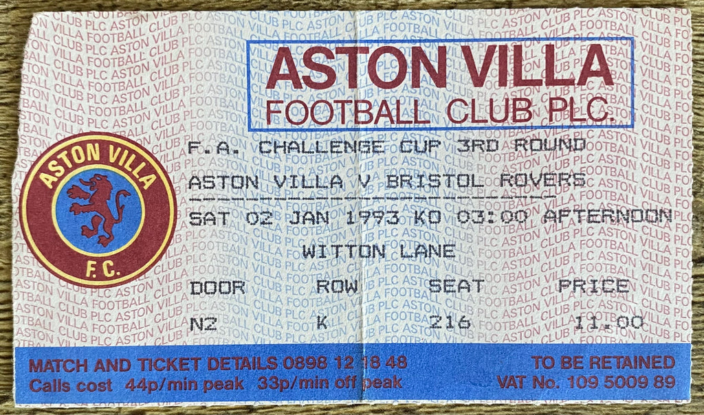 1992/93 ORIGINAL FA CUP 3RD ROUND TICKET ASTON VILLA V BRISTOL ROVERS