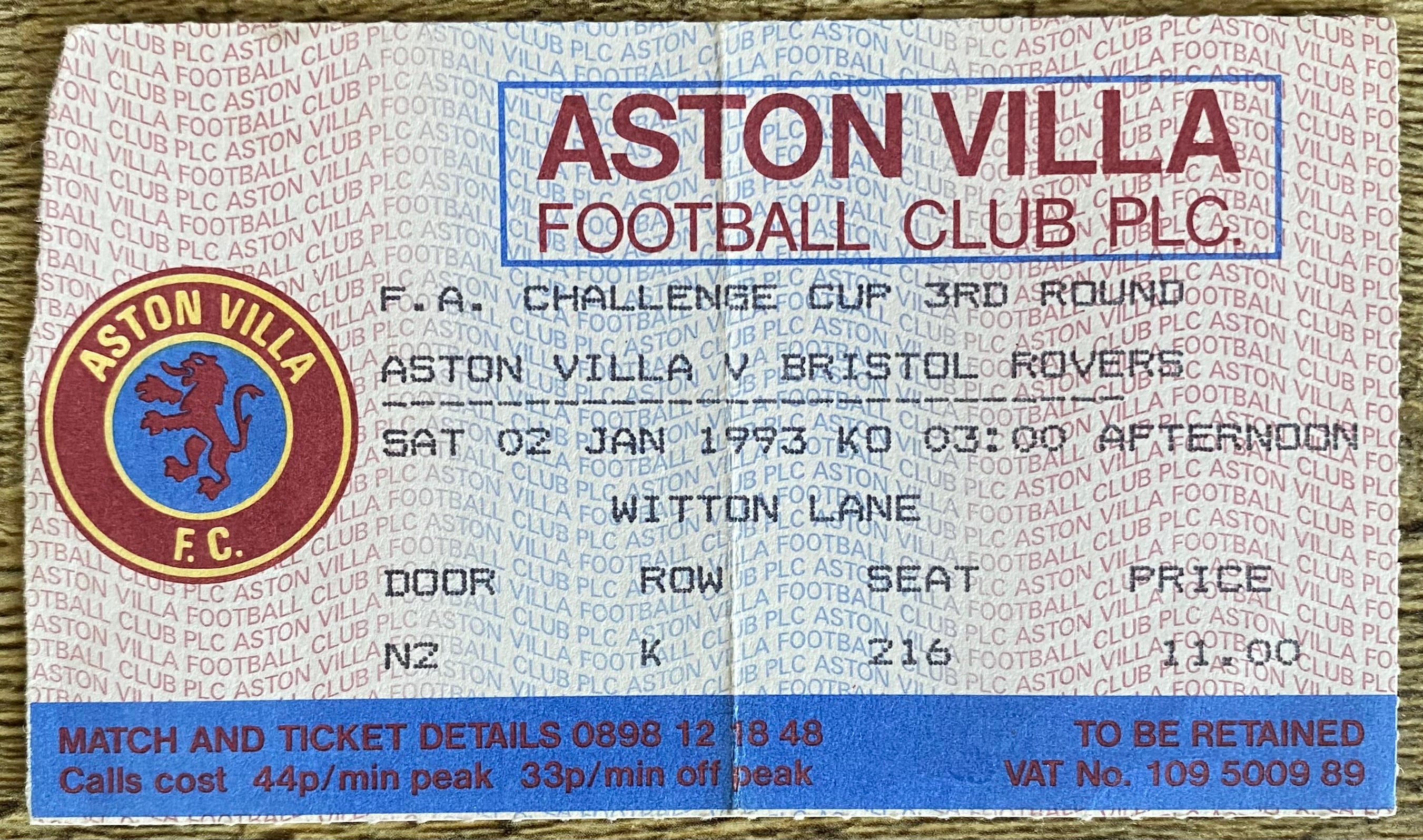 1992/93 ORIGINAL FA CUP 3RD ROUND TICKET ASTON VILLA V BRISTOL ROVERS