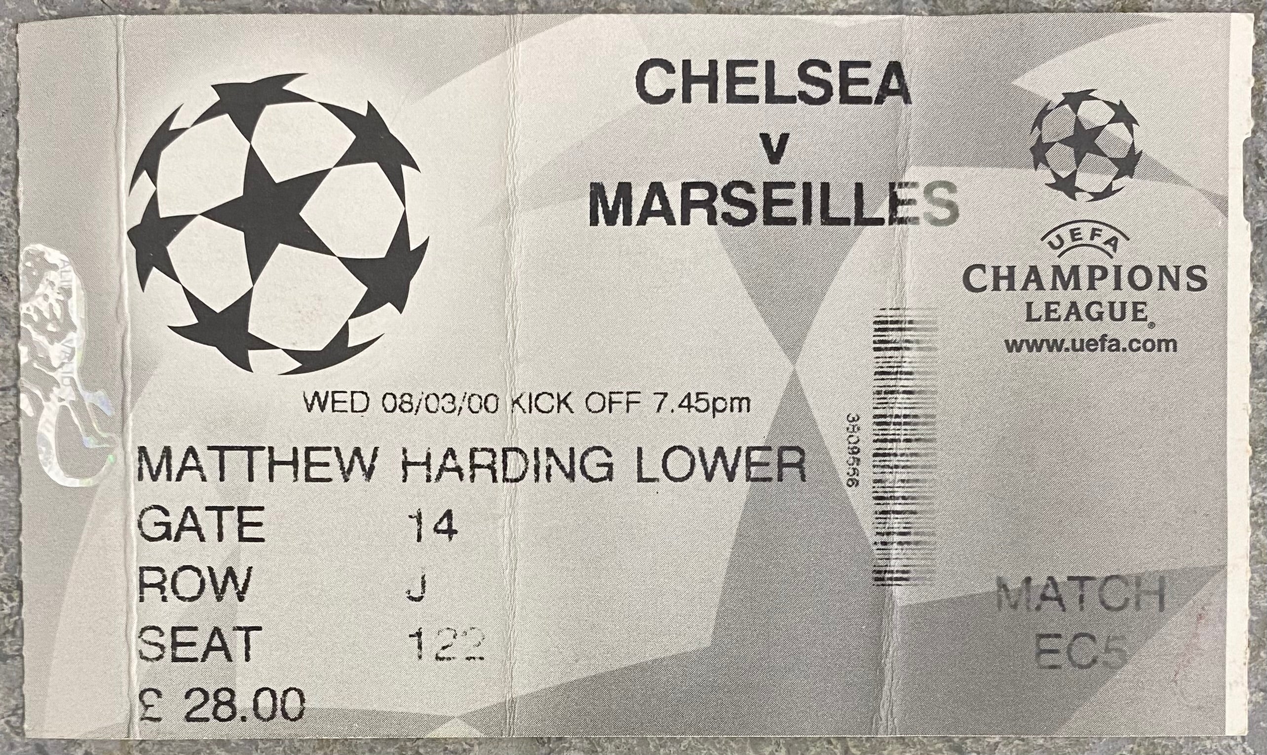 1999/2000 ORIGINAL CHAMPIONS LEAGUE PHASE 2 GROUP D TICKET CHELSEA V MARSEILLES