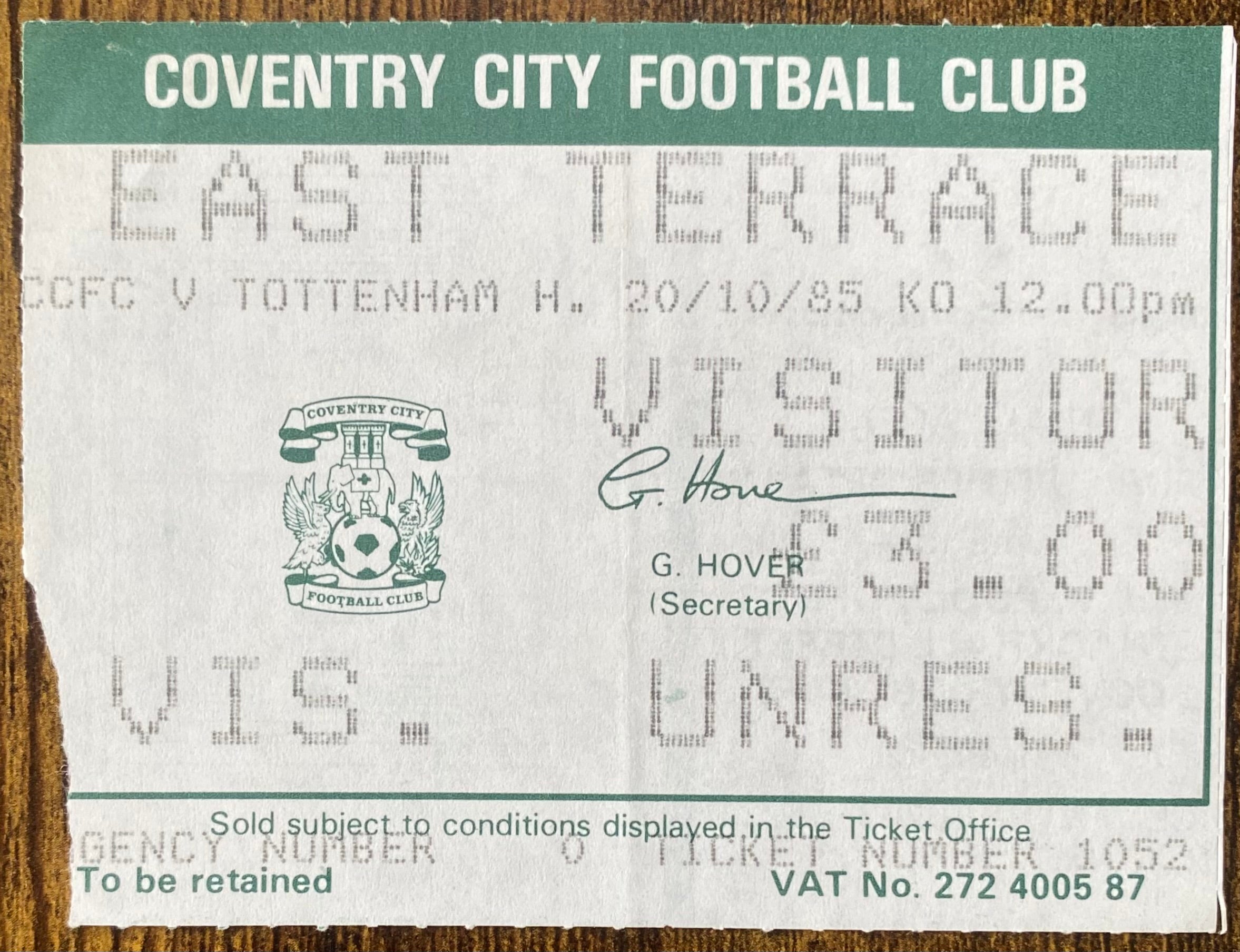 1985/86 ORIGINAL DIVISION 1 TICKET COVENTRY CITY V TOTTENHAM HOTSPUR