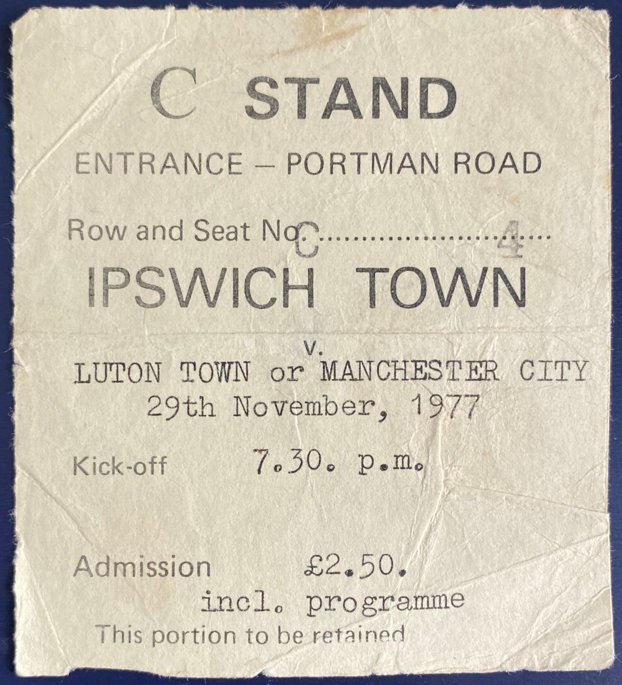 1977/78 ORIGINAL LEAGUE CUP 4TH ROUND TICKET IPSWICH TOWN V MANCHESTER CITY
