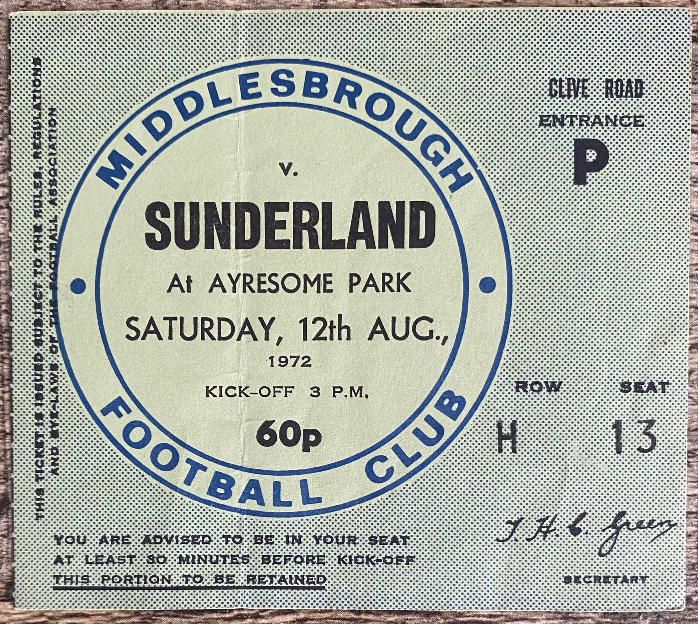 1972/73 ORIGINAL DIVISION 2 TICKET MIDDLESBRUGH V SUNDERLAND