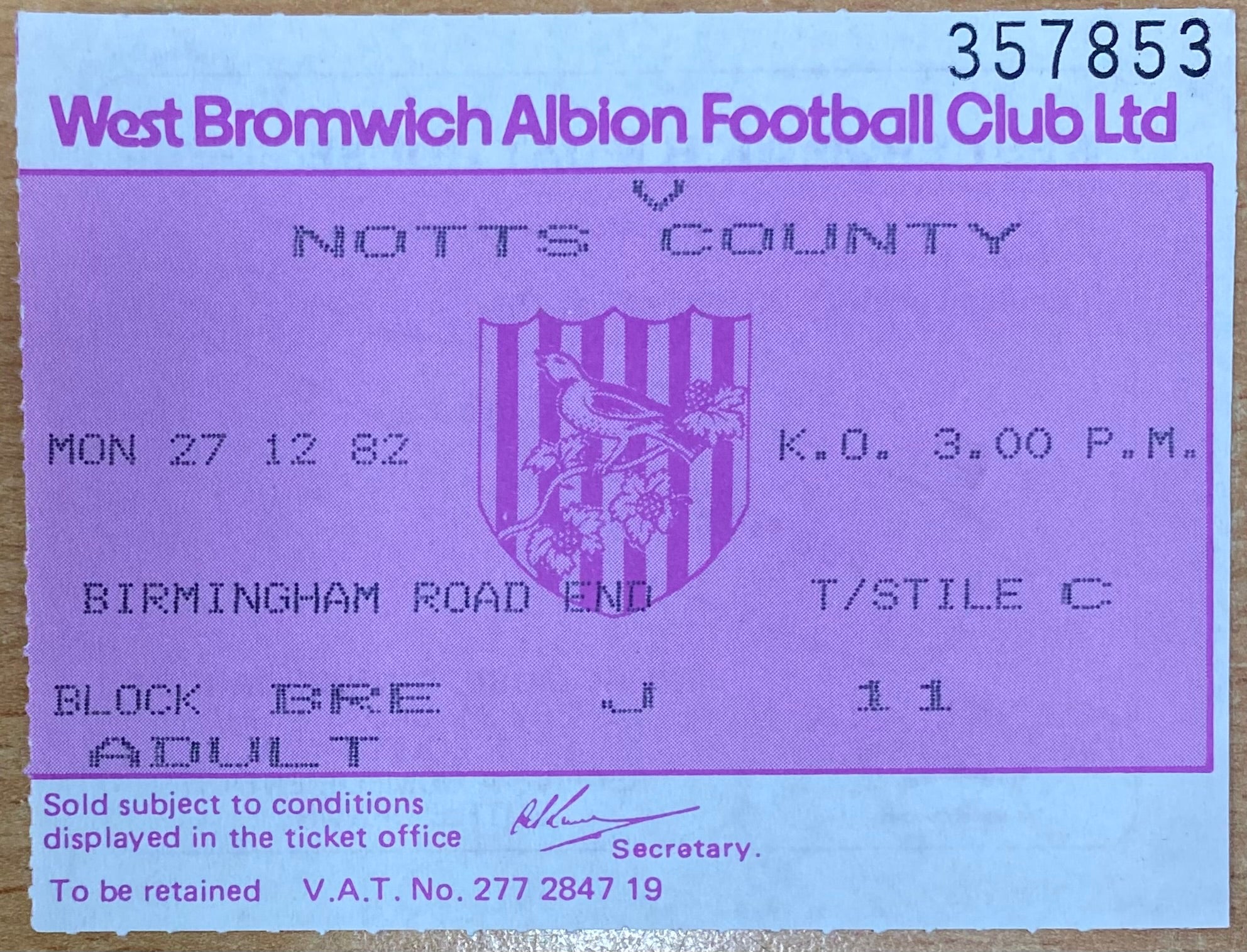 1982/83 ORIGINAL DIVISION 1 TICKET WEST BROMWICH ALBION V NOTTS COUNTY