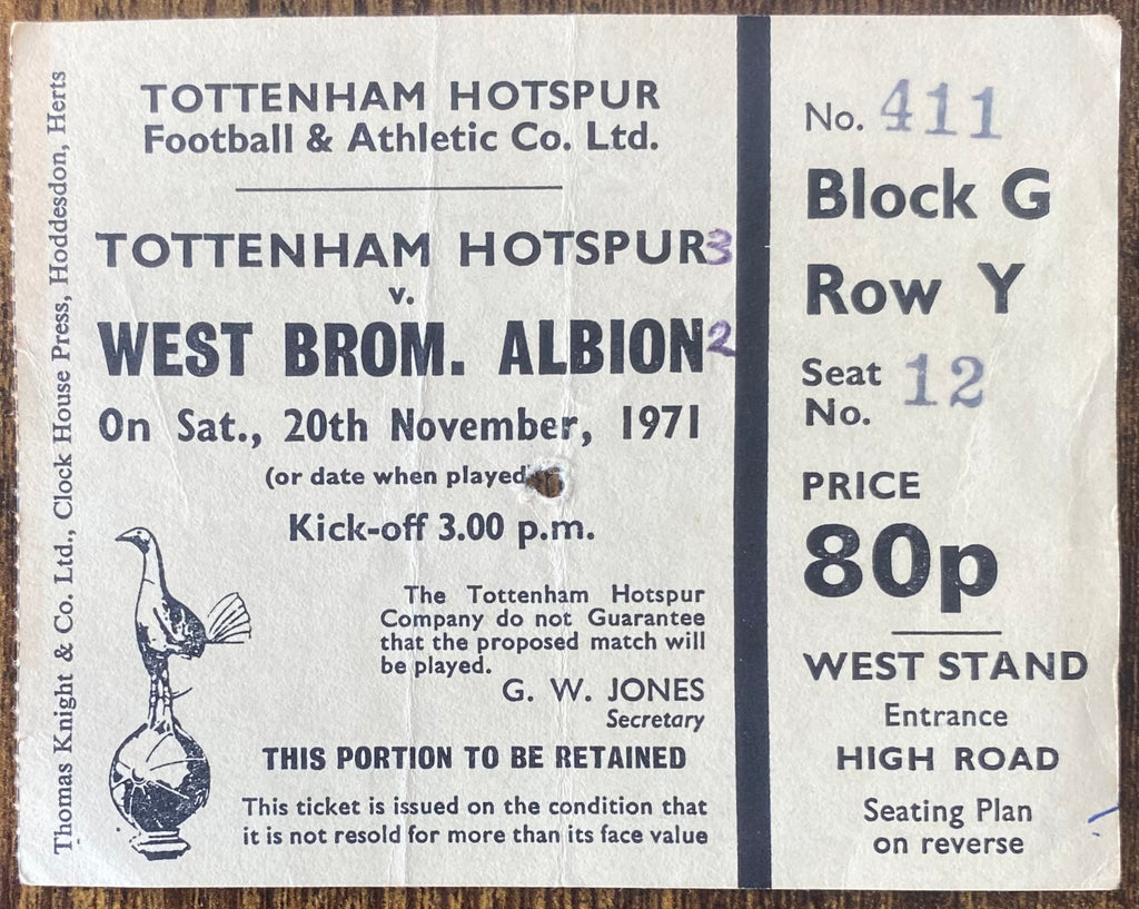 1971/72 ORIGINAL DIVISION ONE TICKET TOTTENHAM HOTSPUR V WEST BROMWICH ALBION