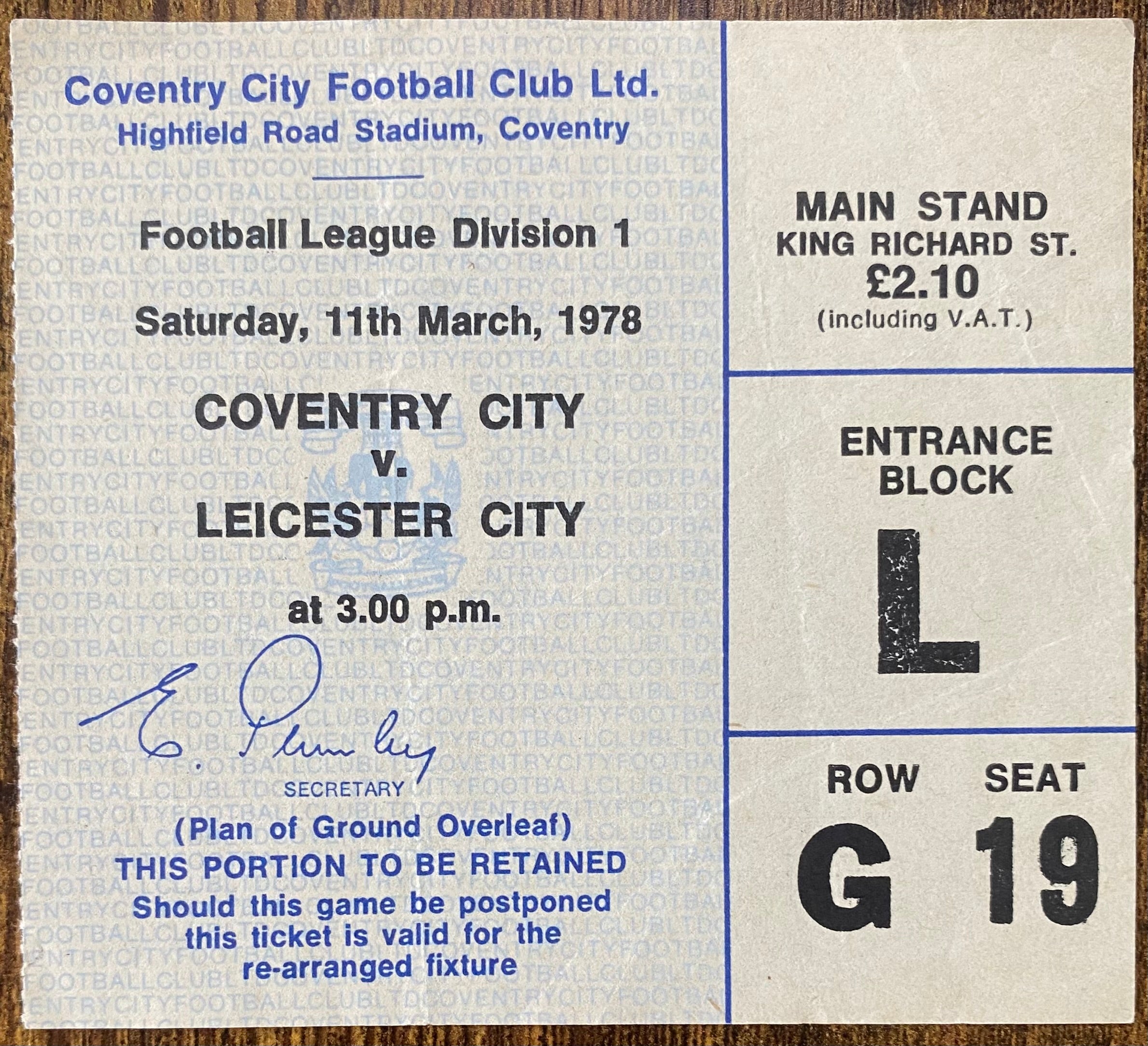 1977/78 ORIGINAL DIVISION 1 TICKET COVENTRY CITY V LEICESTER CITY
