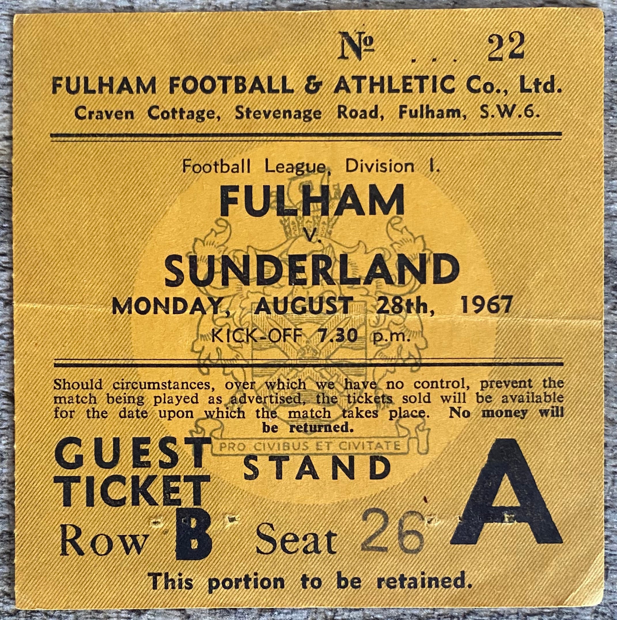 1967/78 ORIGINAL DIVISION 1 TICKET FULHAM V SUNDERLAND