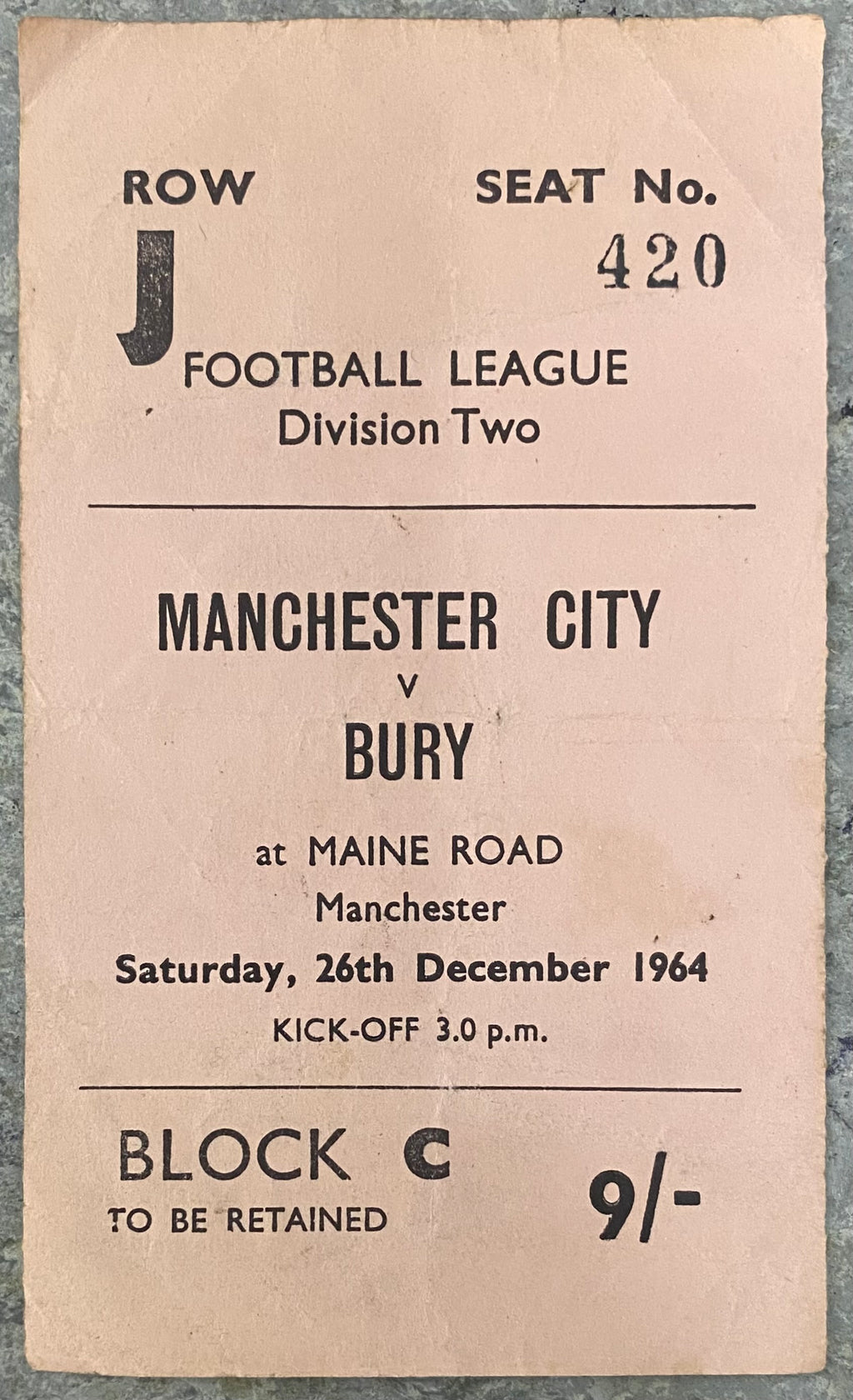 1964/65 ORIGINAL DIVISION 2 TICKET MANCHESTER CITY V BURY