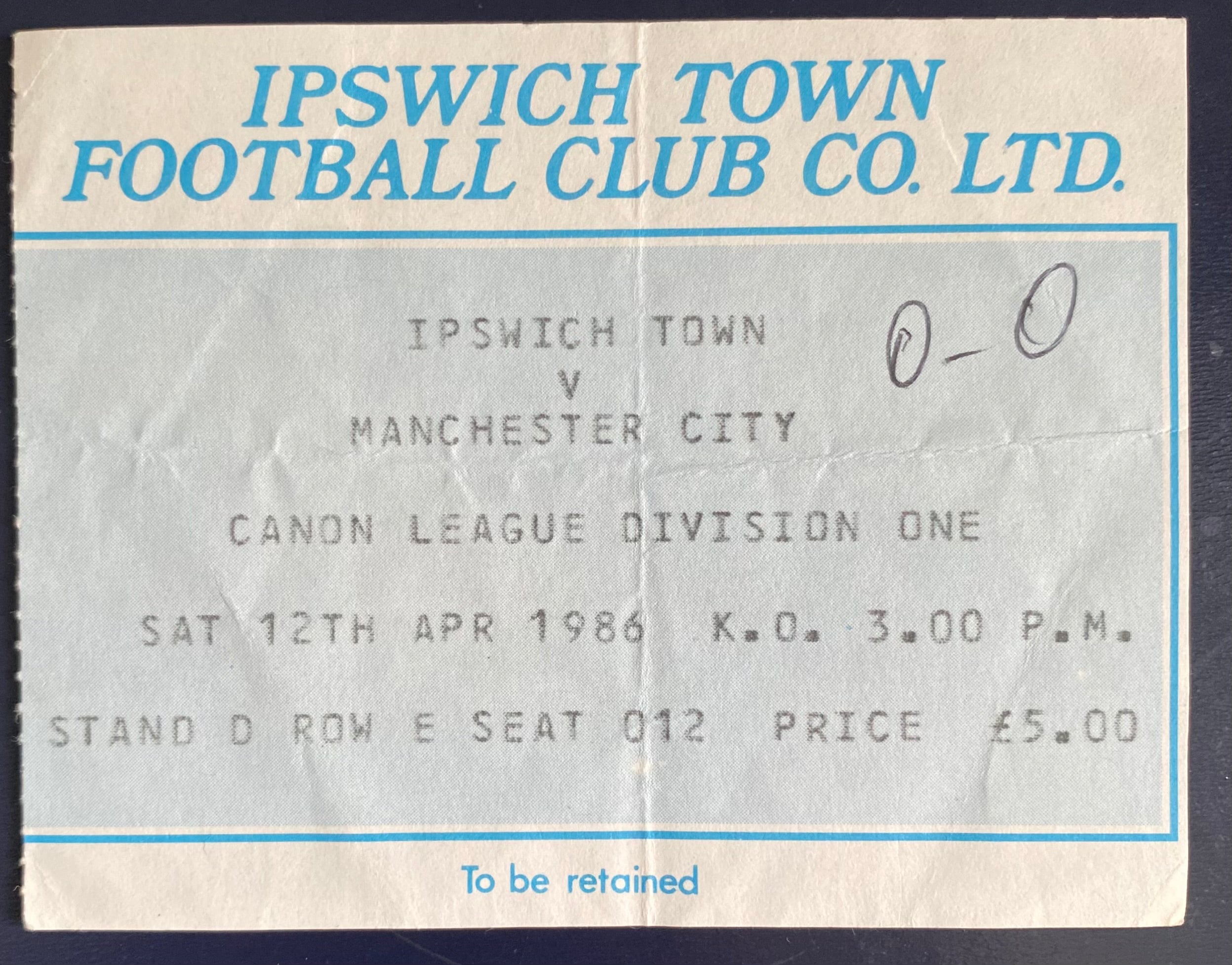 1985/86 ORIGINAL DIVISION 1 TICKET IPSWICH TOWN V MANCHESTER CITY