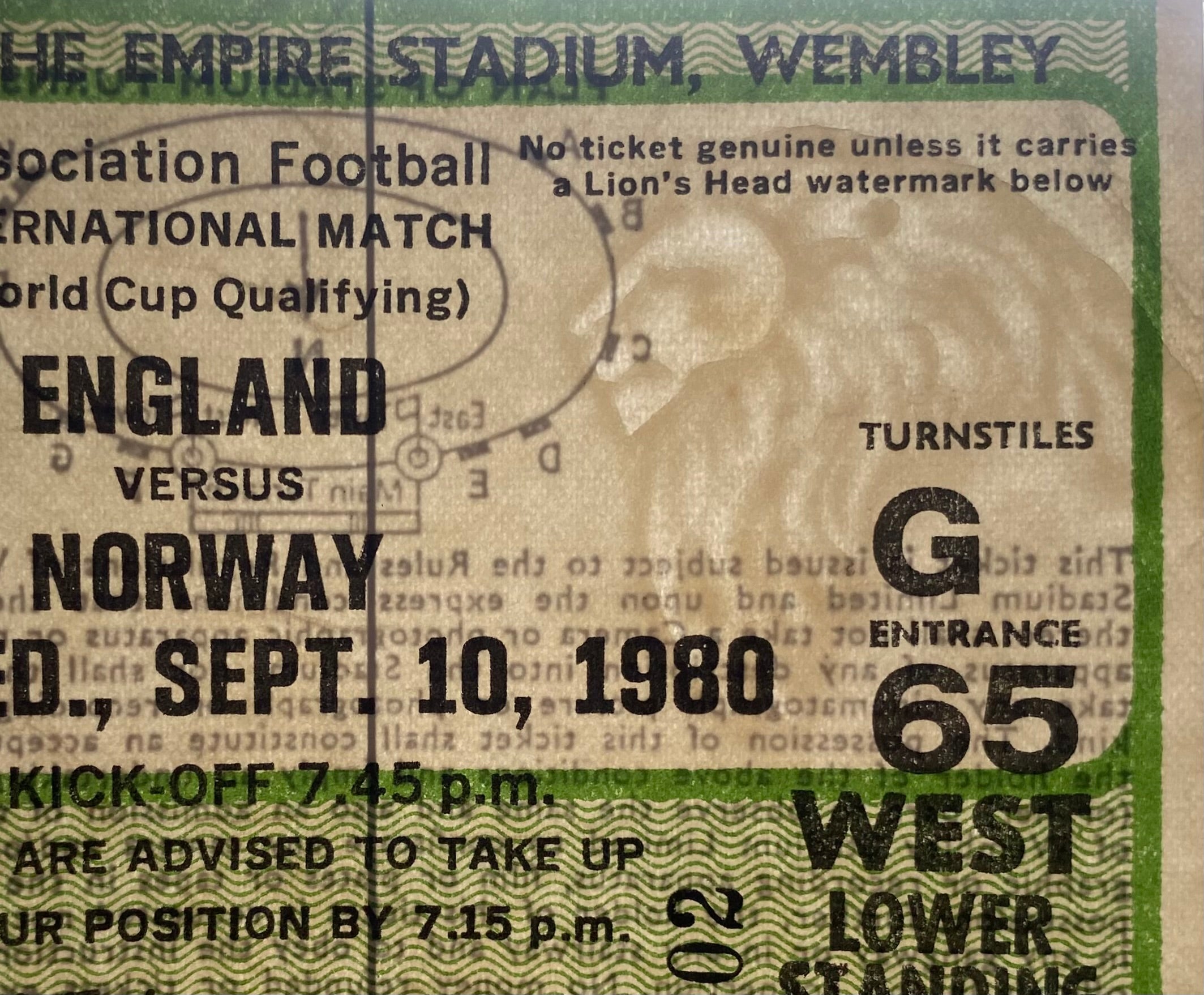 1980 ORIGINAL WORLD CUP QUALIFYING TICKET ENGLAND V NORWAY
