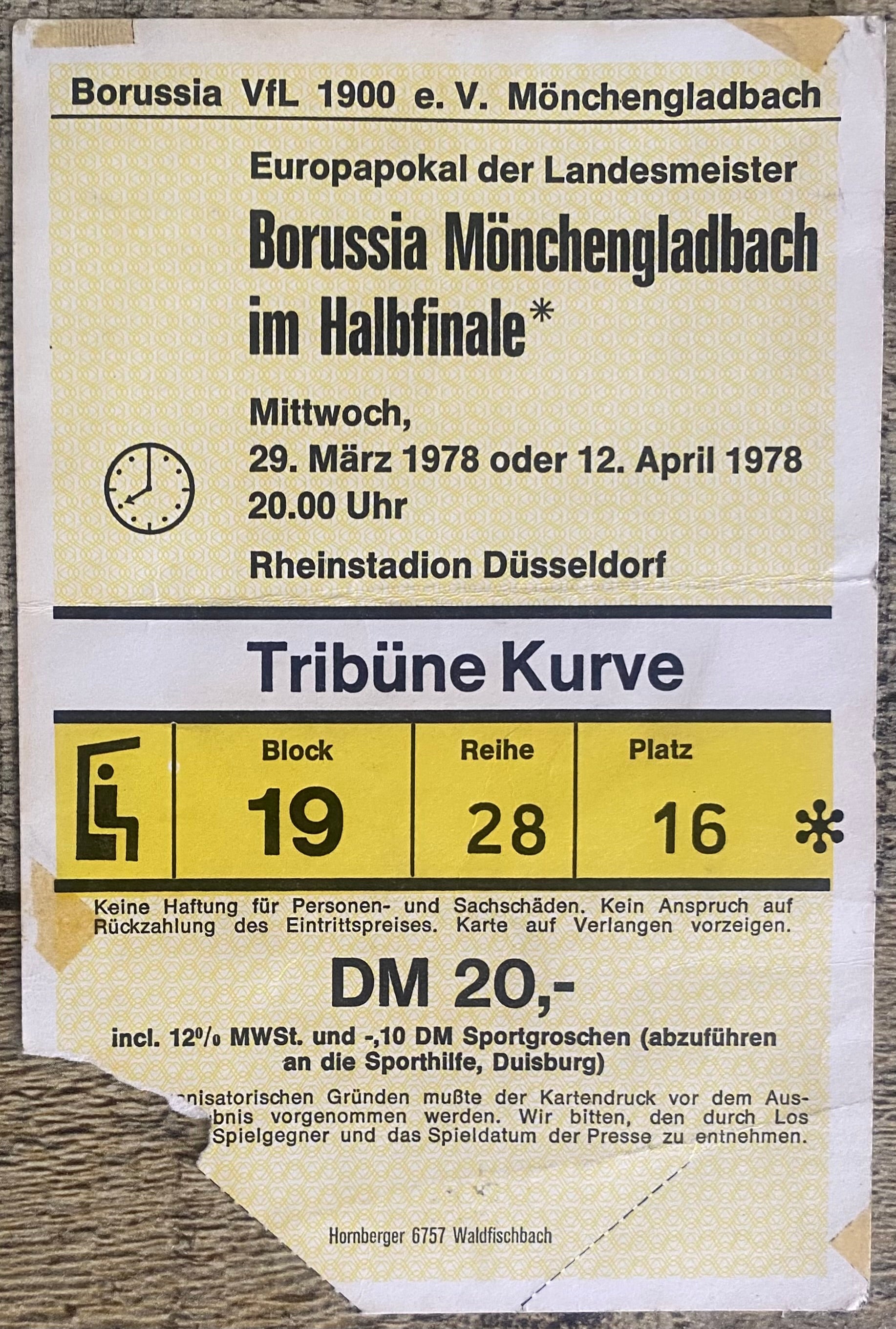 1977/78 ORIGINAL EUROPEAN CUP SEMI FINAL 1ST LEG TICKET BORUSSIA MONCHENGLADBACH V LIVERPOOL