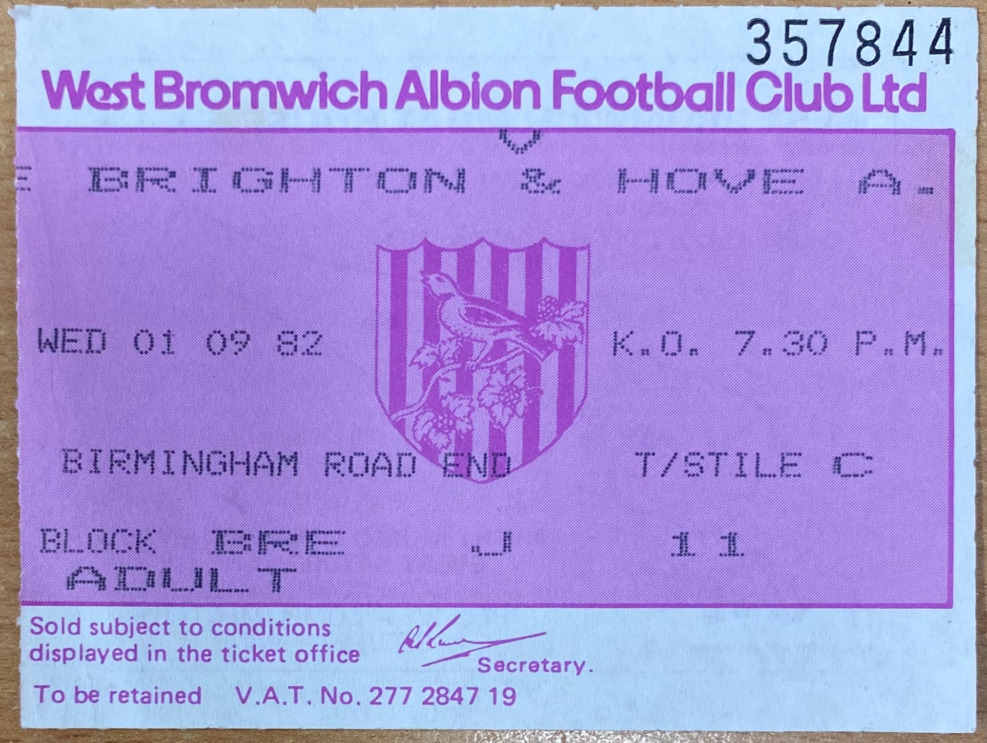 1982/83 ORIGINAL DIVISION 1 TICKET WEST BROMWICH ALBION V BRIGHTON AND HOVE ALBION