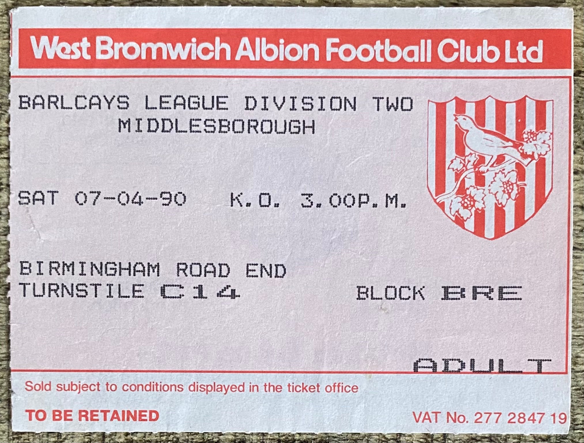 1989/90 ORIGINAL DIVISION 2 TICKET WEST BROMWICH ALBION V MIDDLESBROUGH