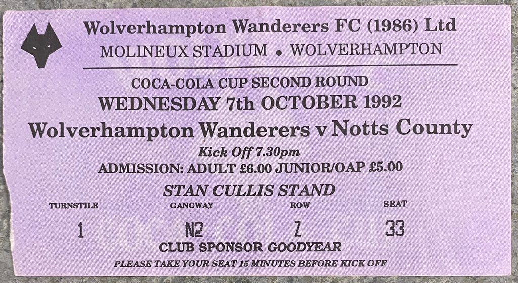 1992/93 ORIGINAL DIVISION 1 TICKET WOLVERHAMPTON WANDERERS V NOTTS COUNTY