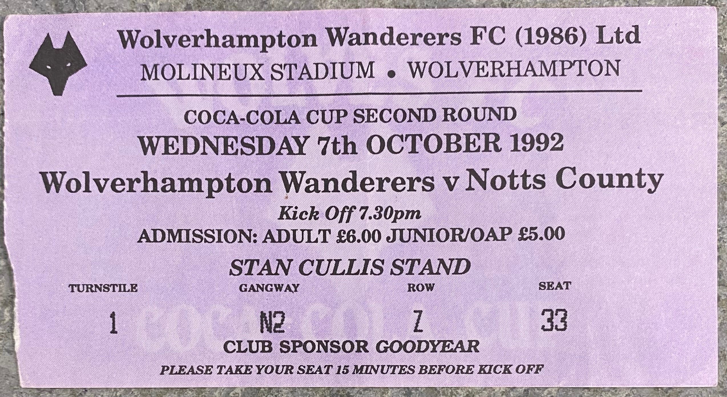 1992/93 ORIGINAL DIVISION 1 TICKET WOLVERHAMPTON WANDERERS V NOTTS COUNTY