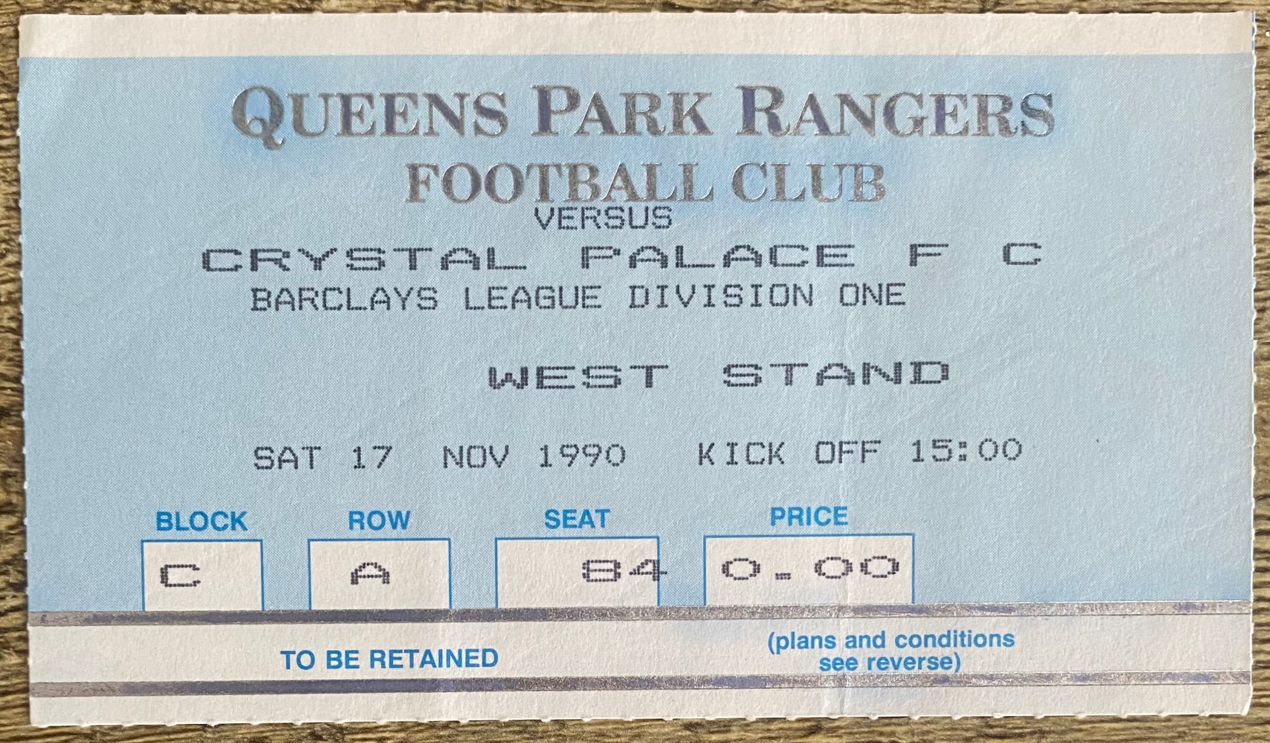 1990/91 ORIGINAL DIVISION ONE TICKET QUEENS PARK RANGERS V CRYSTAL PALACE