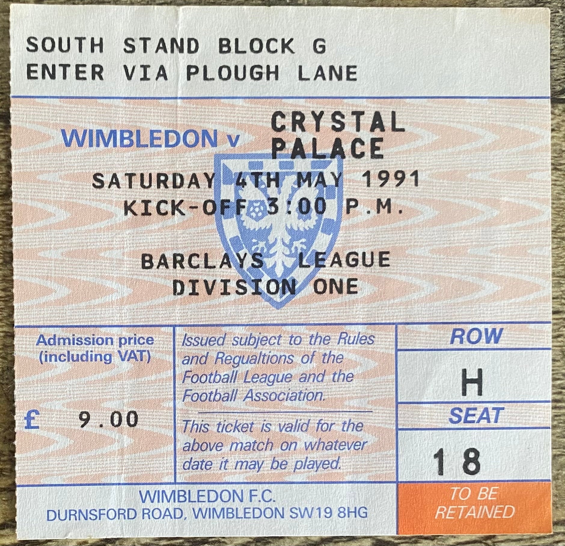 1990/91 ORIGINAL DIVISION ONE TICKET WIMBLEDON V CRYSTAL PALACE