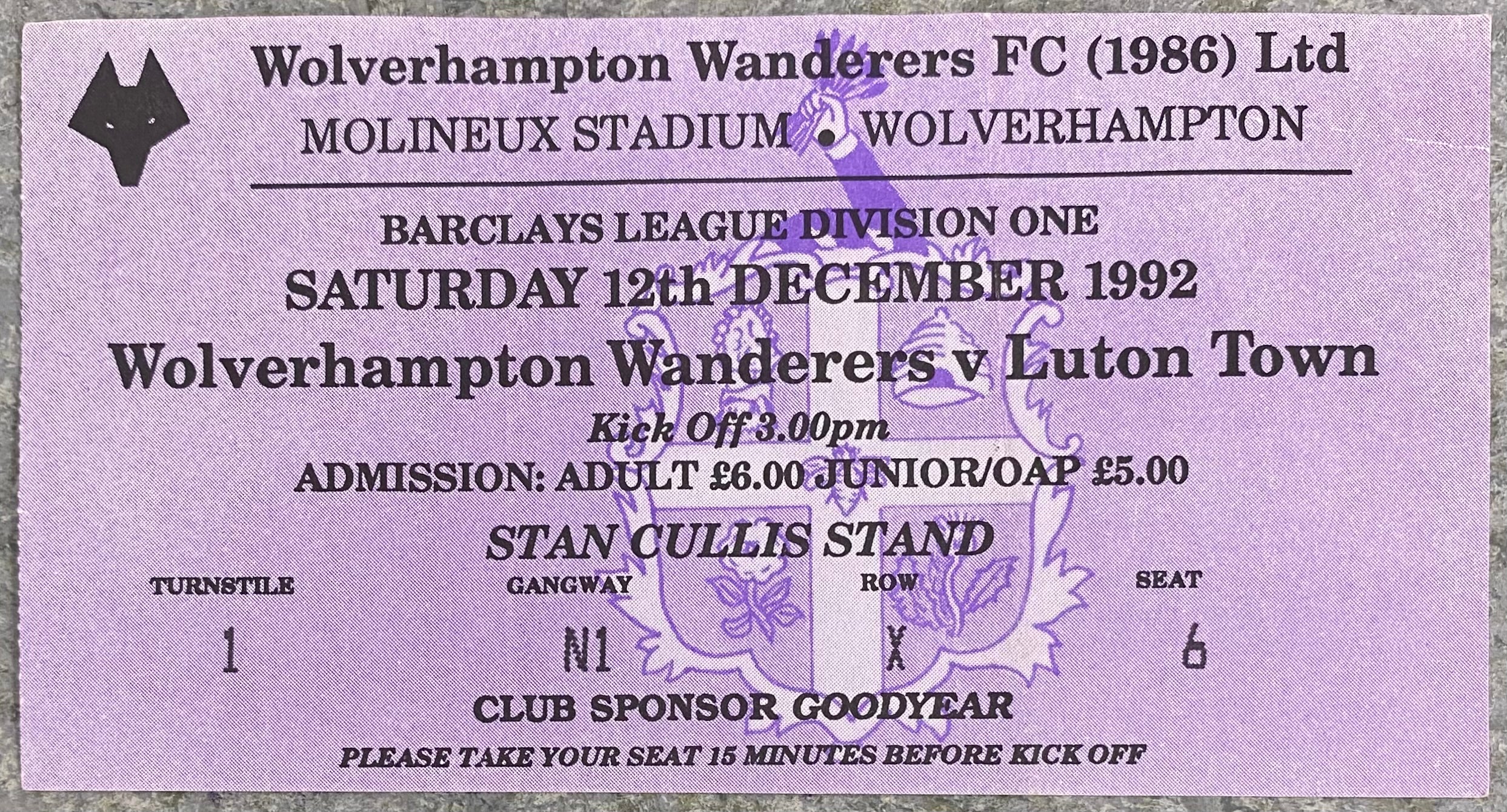 1992/93 ORIGINAL DIVISION 1 TICKET WOLVERHAMPTON WANDERERS V LUTON TOWN