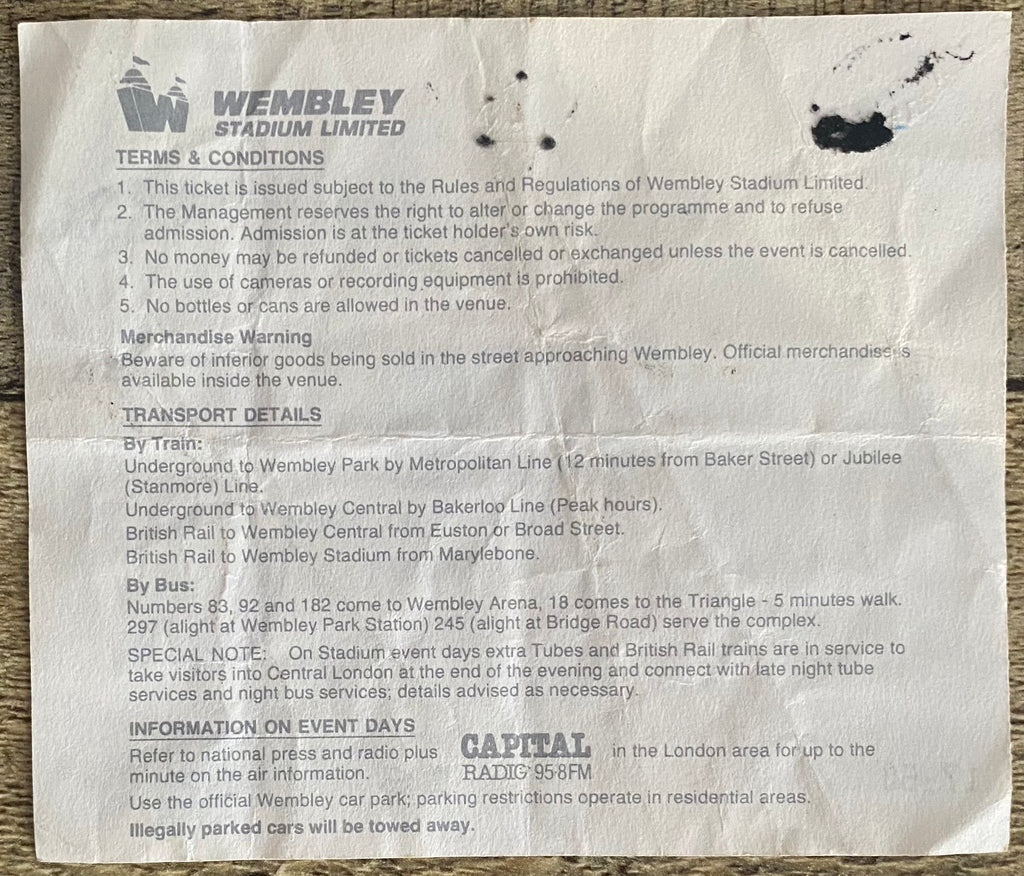 1989 ORIGINAL CHARITY SHIELD TICKET ARSENAL V LIVERPOOL