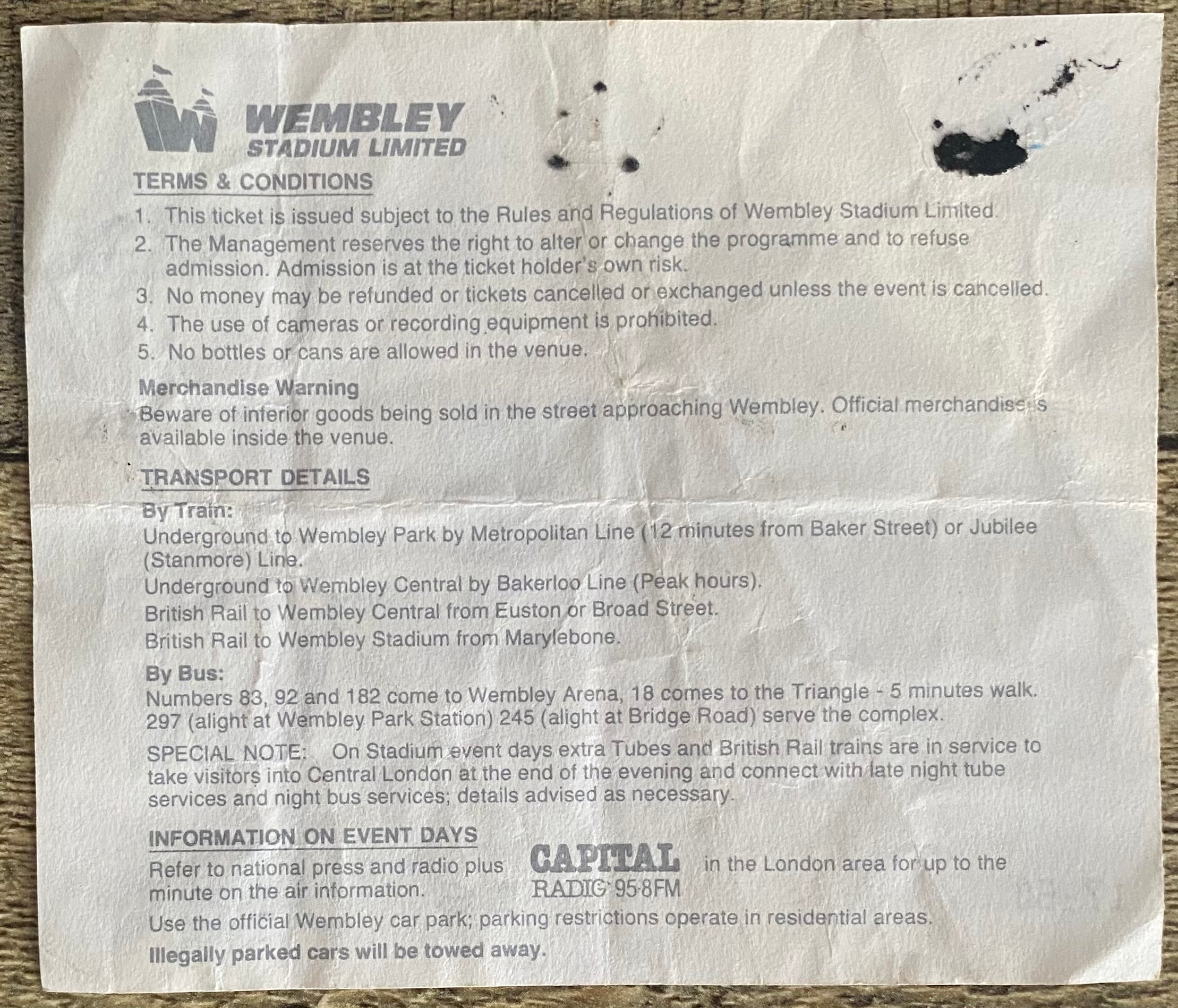 1989 ORIGINAL CHARITY SHIELD TICKET ARSENAL V LIVERPOOL