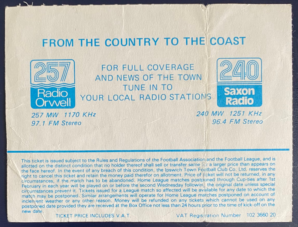 1988/89 ORIGINAL DIVISION 2 TICKET IPSWICH TOWN V LEEDS UNITED