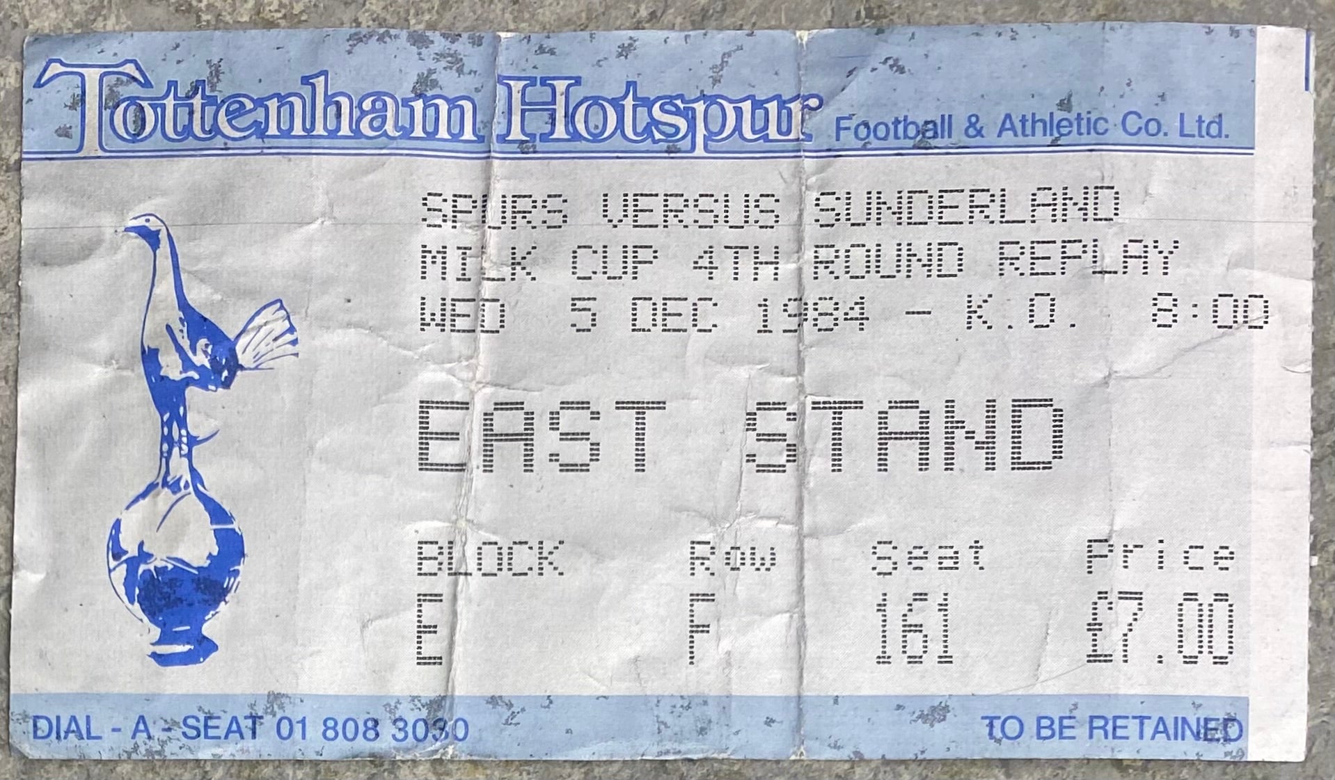 1984/85 ORIGINAL MILK CUP 4TH ROUND REPLAY TICKET TOTTENHAM HOTSPUR V SUNDERLAND