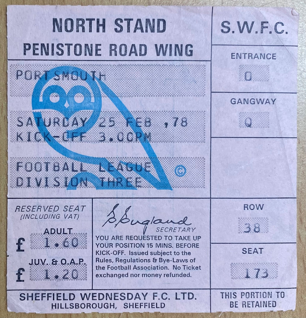 1977/78 ORIGINAL DIVISION 3 TICKET SHEFFIELD WEDNESDAY V PORTSMOUTH