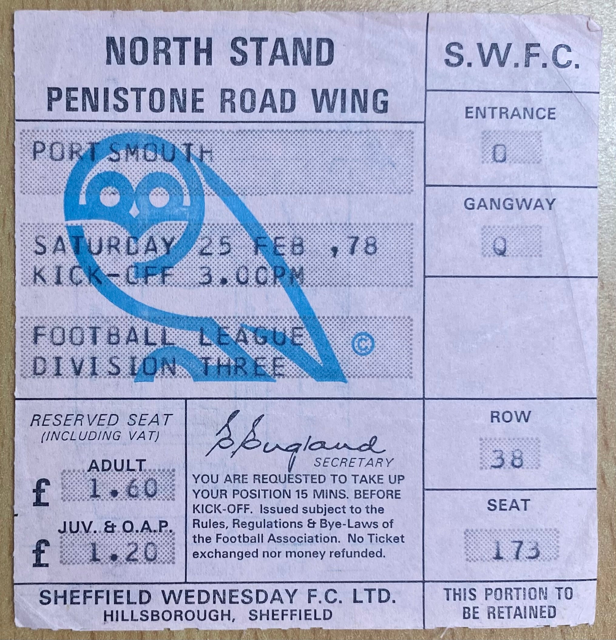 1977/78 ORIGINAL DIVISION 3 TICKET SHEFFIELD WEDNESDAY V PORTSMOUTH