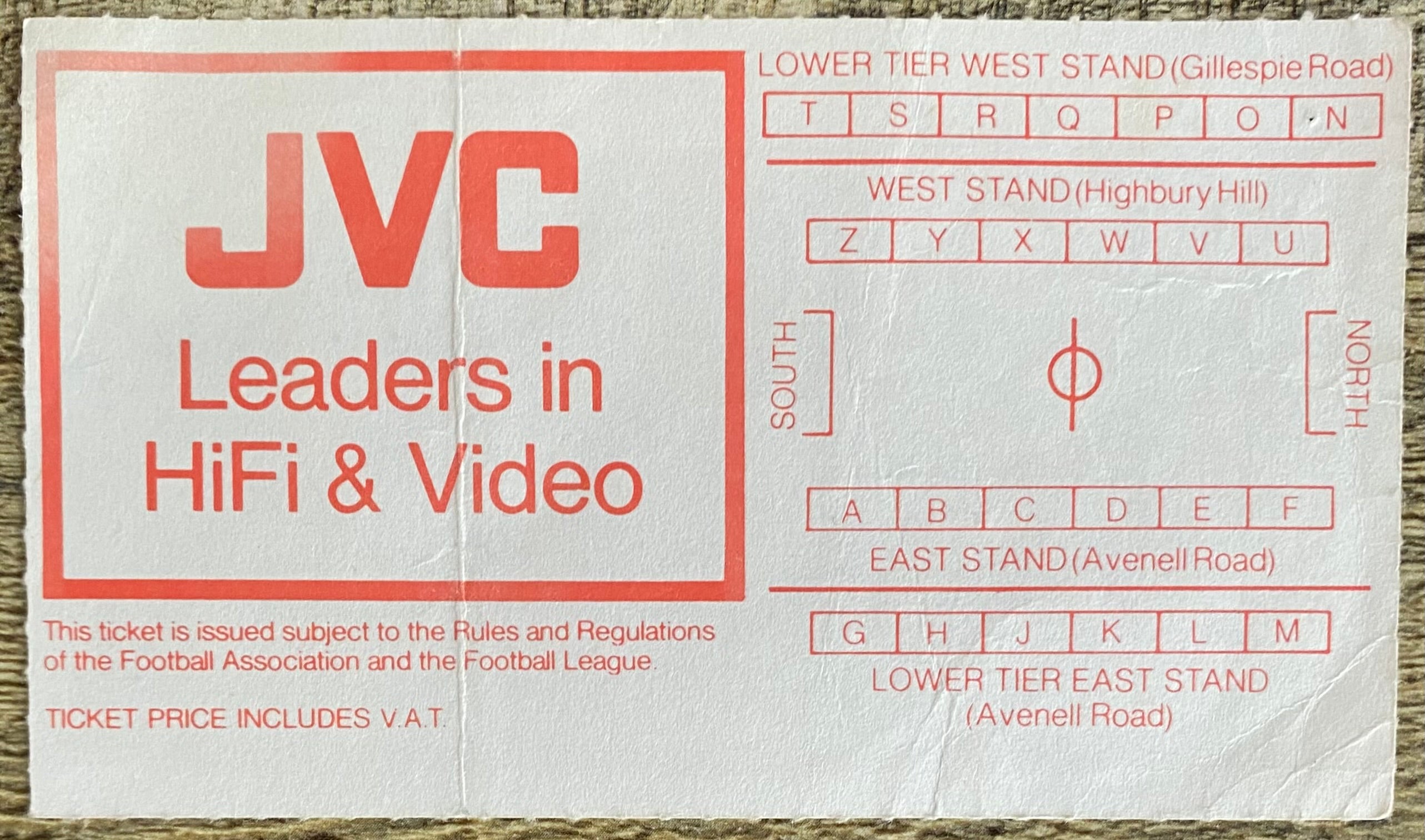 1984/85 ORIGINAL DIVISION 1 TICKET ARSENAL V WATFORD