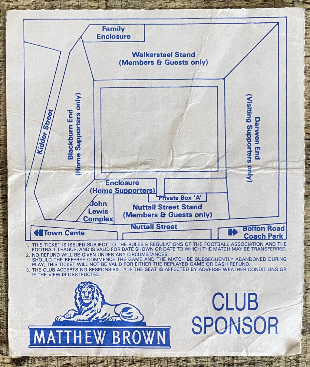 1991/92 ORIGINAL DIVISION 2 TICKET BLACKBURN ROVERS V CAMBRIDGE UNITED