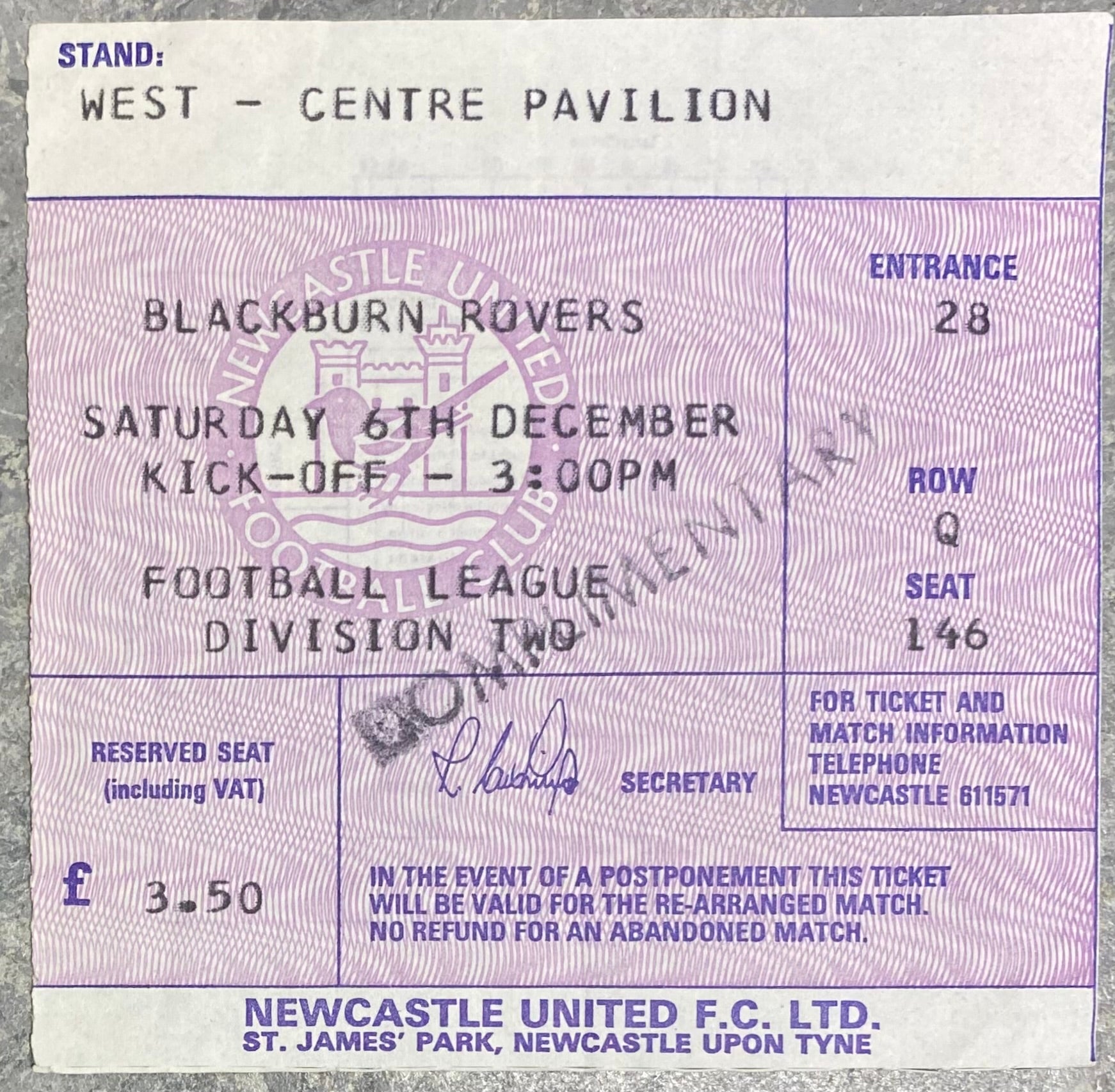 1981/82 ORIGINAL DIVISION TWO TICKET NEWCASTLE UNITED V BLACKBURN ROVERS