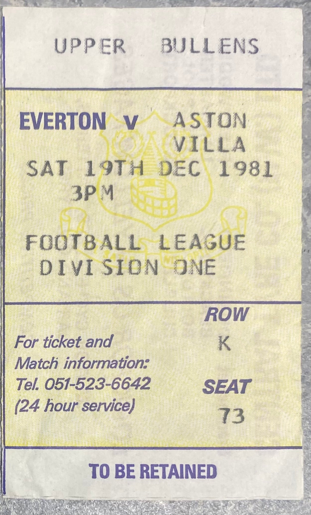 1981/82 ORIGINAL DIVISION ONE TICKET EVERTON V ASTON VILLA