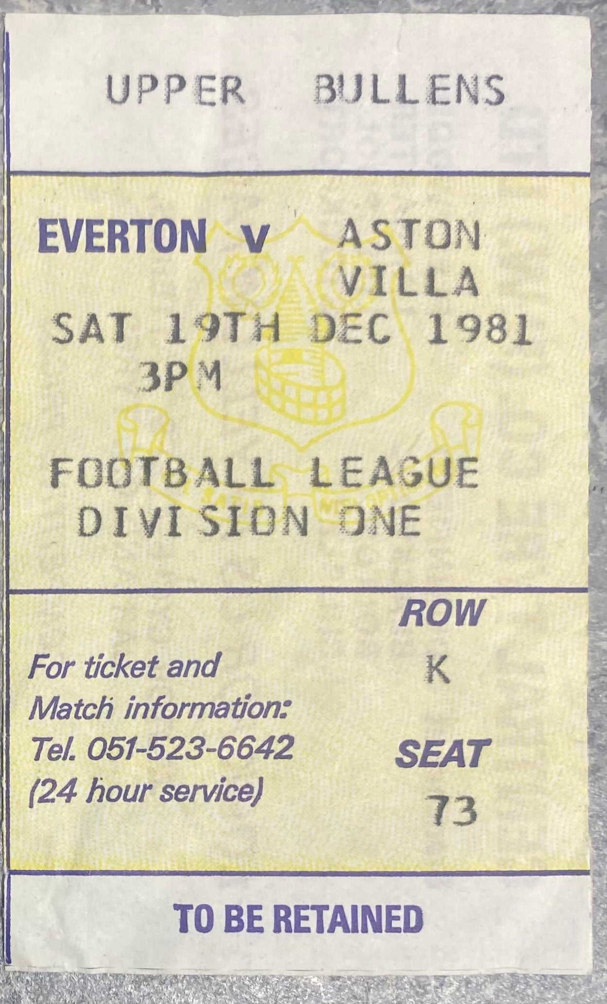 1981/82 ORIGINAL DIVISION ONE TICKET EVERTON V ASTON VILLA