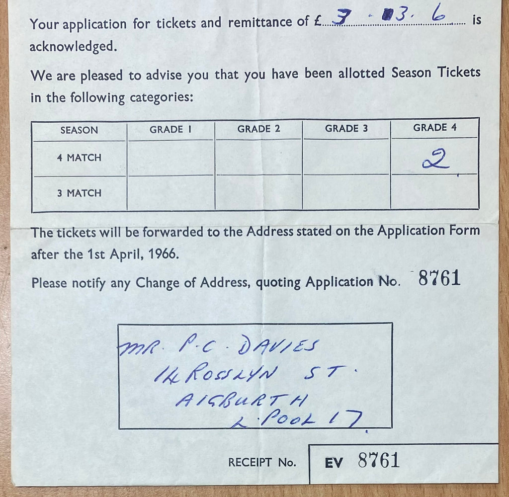 1966 WORLD CUP ORIGINAL OFFICIAL LETTER (TICKET SALES) FOR 4 MATCH TICKETS AT GOODISON PARK