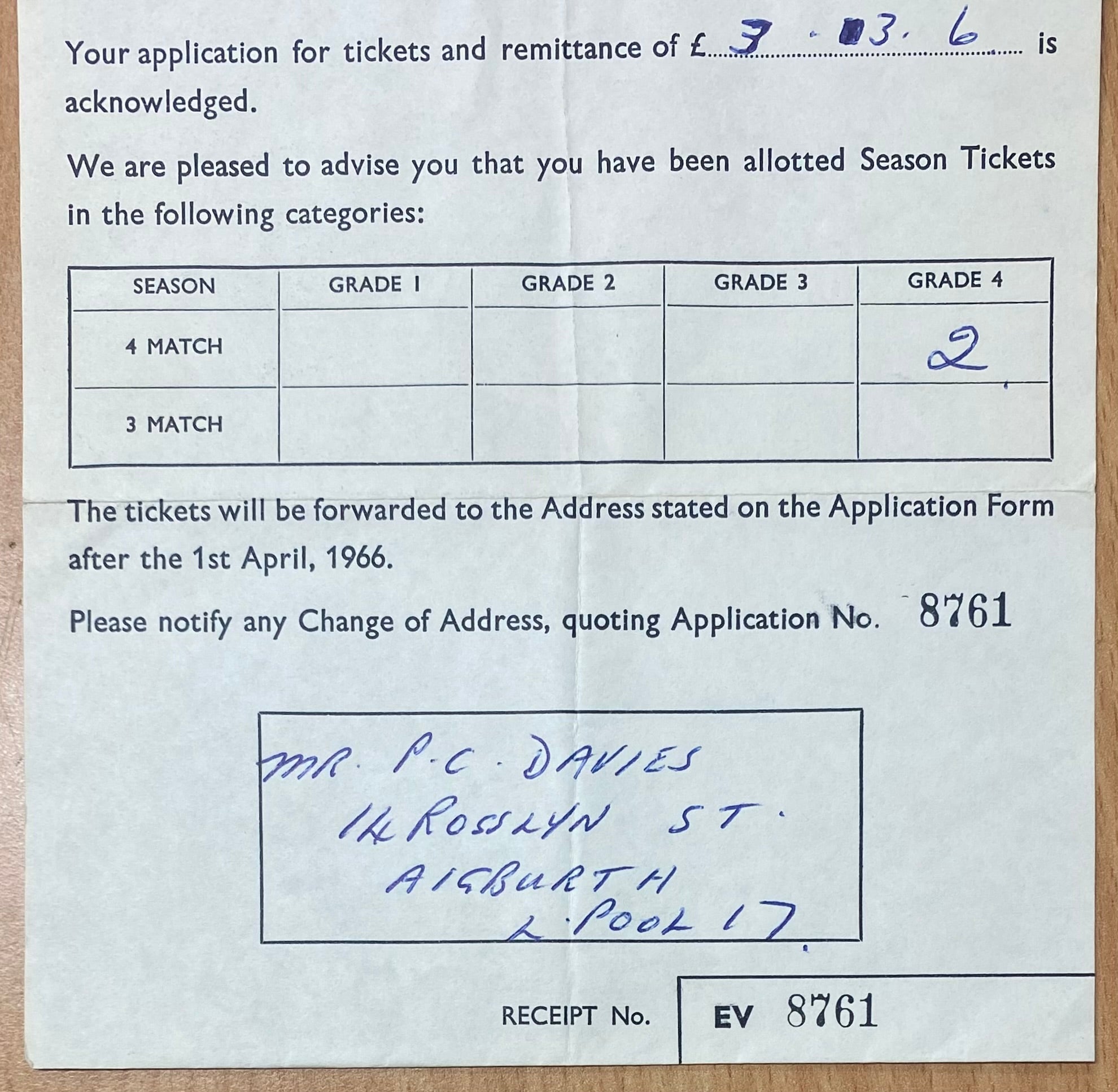 1966 WORLD CUP ORIGINAL OFFICIAL LETTER (TICKET SALES) FOR 4 MATCH TICKETS AT GOODISON PARK