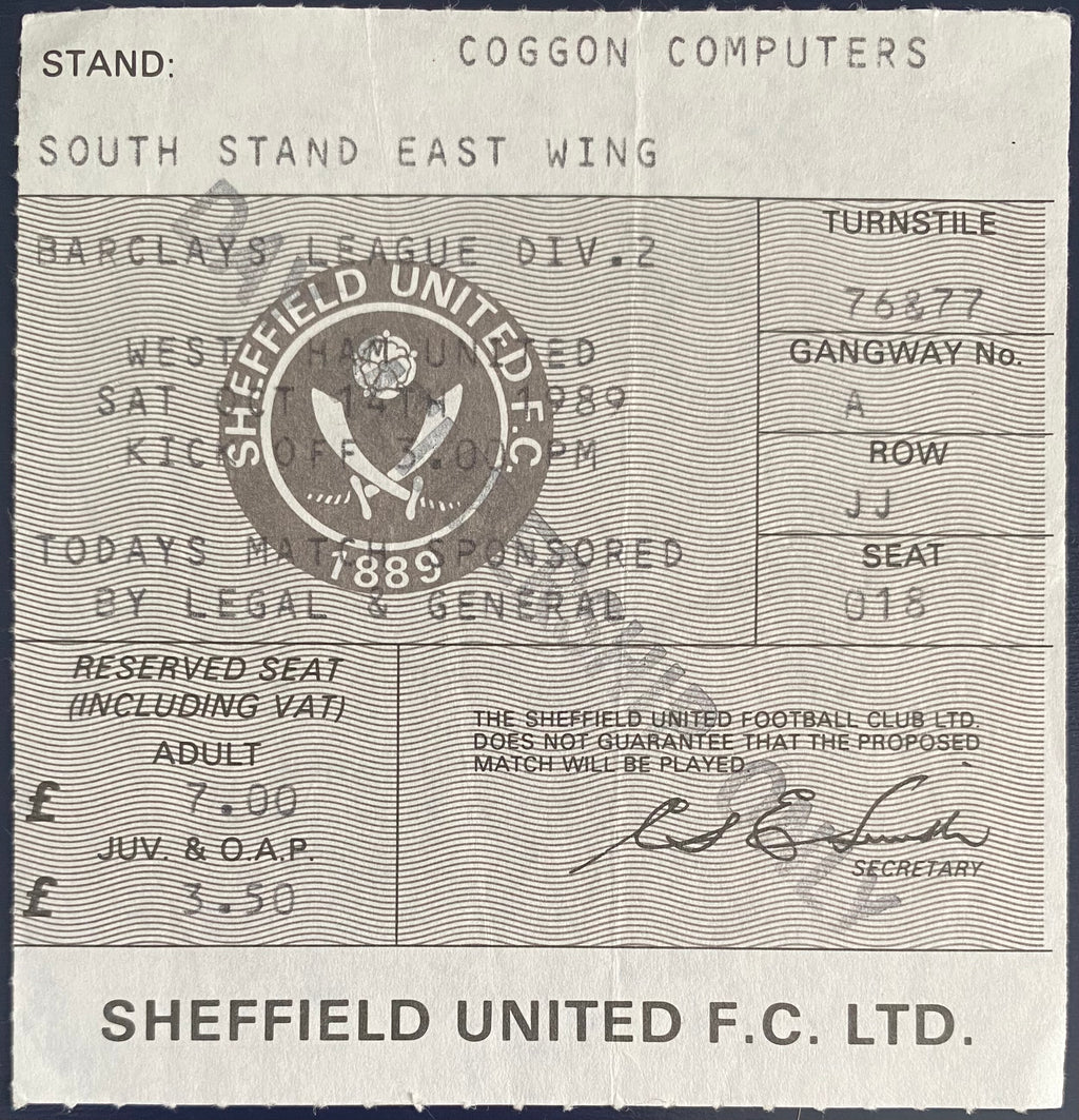 1989/90 ORIGINAL DIVISION 2  TICKET SHEFFIELD UNITED V WEST HAM UNITED