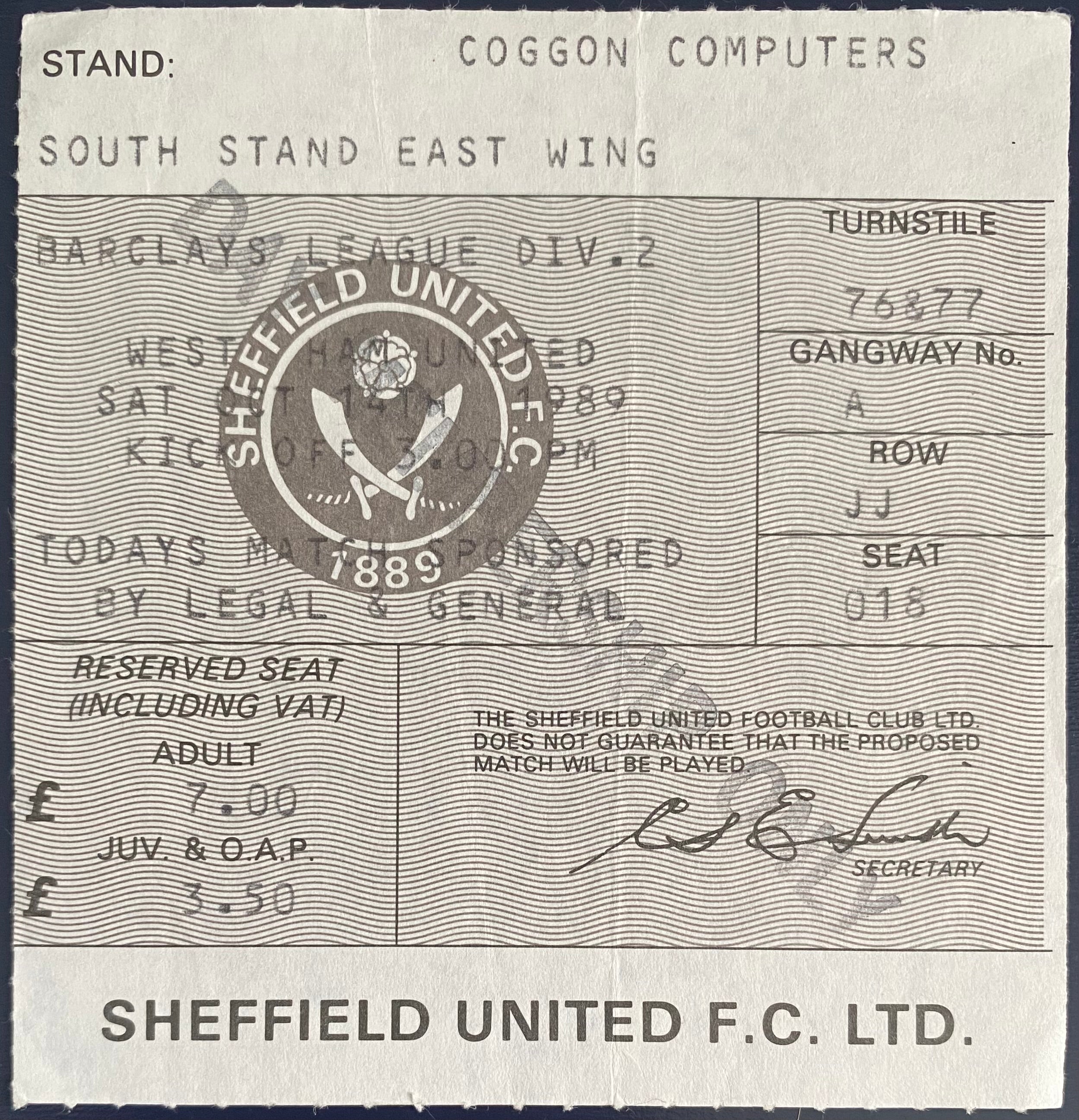 1989/90 ORIGINAL DIVISION 2  TICKET SHEFFIELD UNITED V WEST HAM UNITED