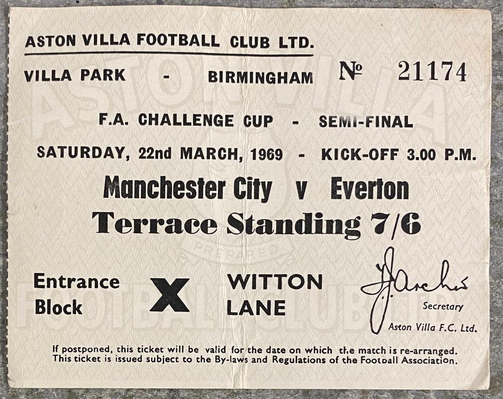 1969 ORIGINAL FA CUP SEMI FINAL TICKET MANCHESTER CITY V EVERTON @VILLA PARK
