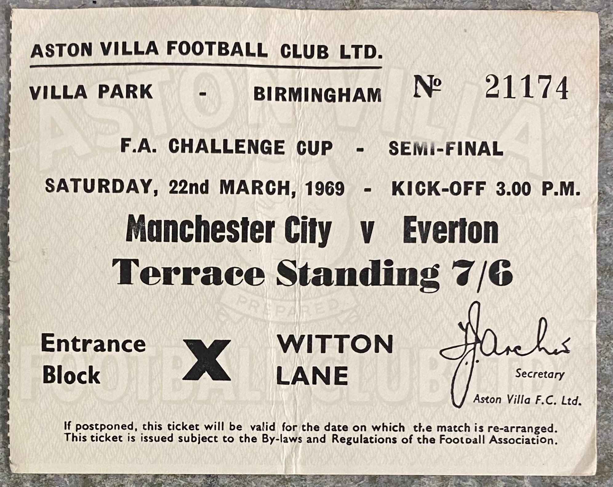 1969 ORIGINAL FA CUP SEMI FINAL TICKET MANCHESTER CITY V EVERTON @VILLA PARK