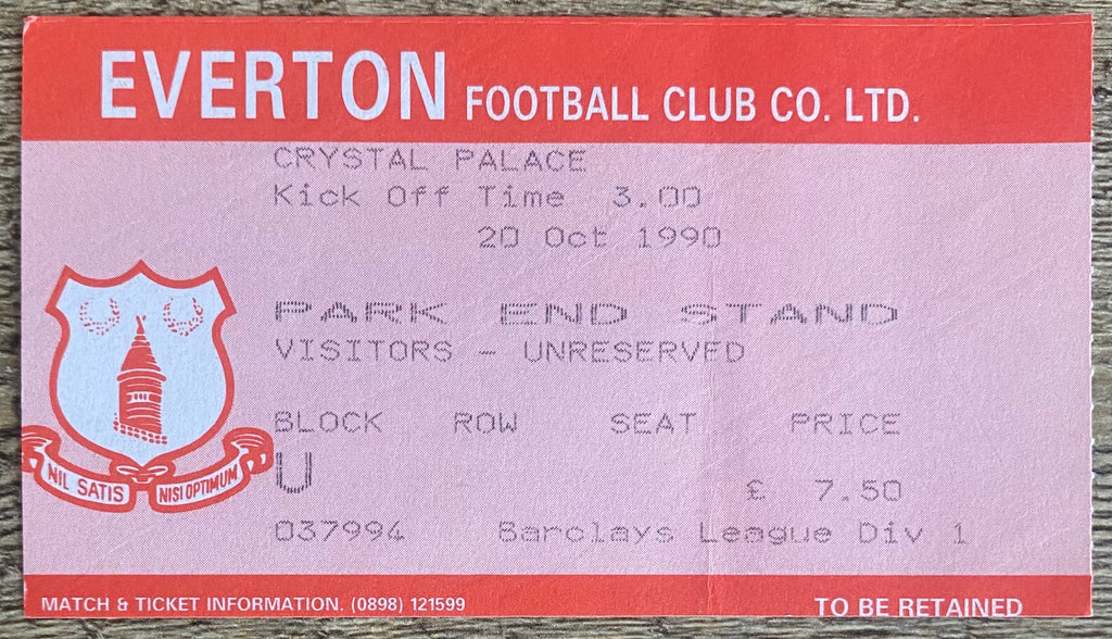 1990/91 ORIGINAL DIVISION ONE TICKET EVERTON V CRYSTAL PALACE
