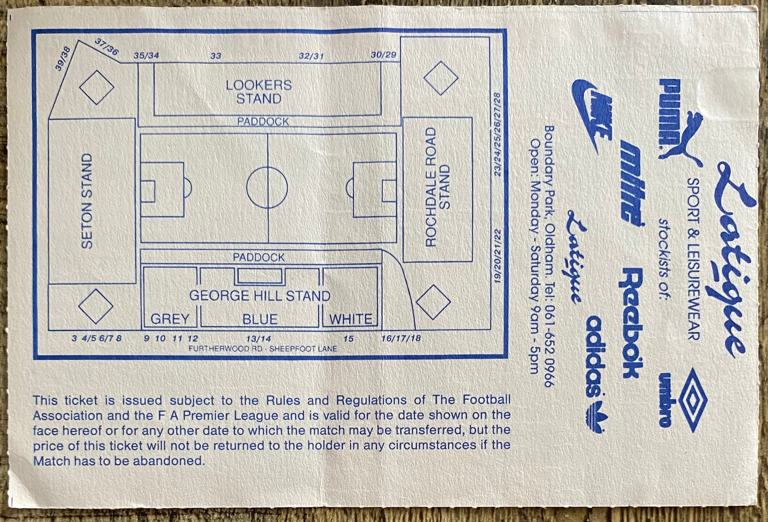 1993/94 ORIGINAL FA PREMIERSHIP TICKET OLDHAM ATHLETIC V LIVERPOOL