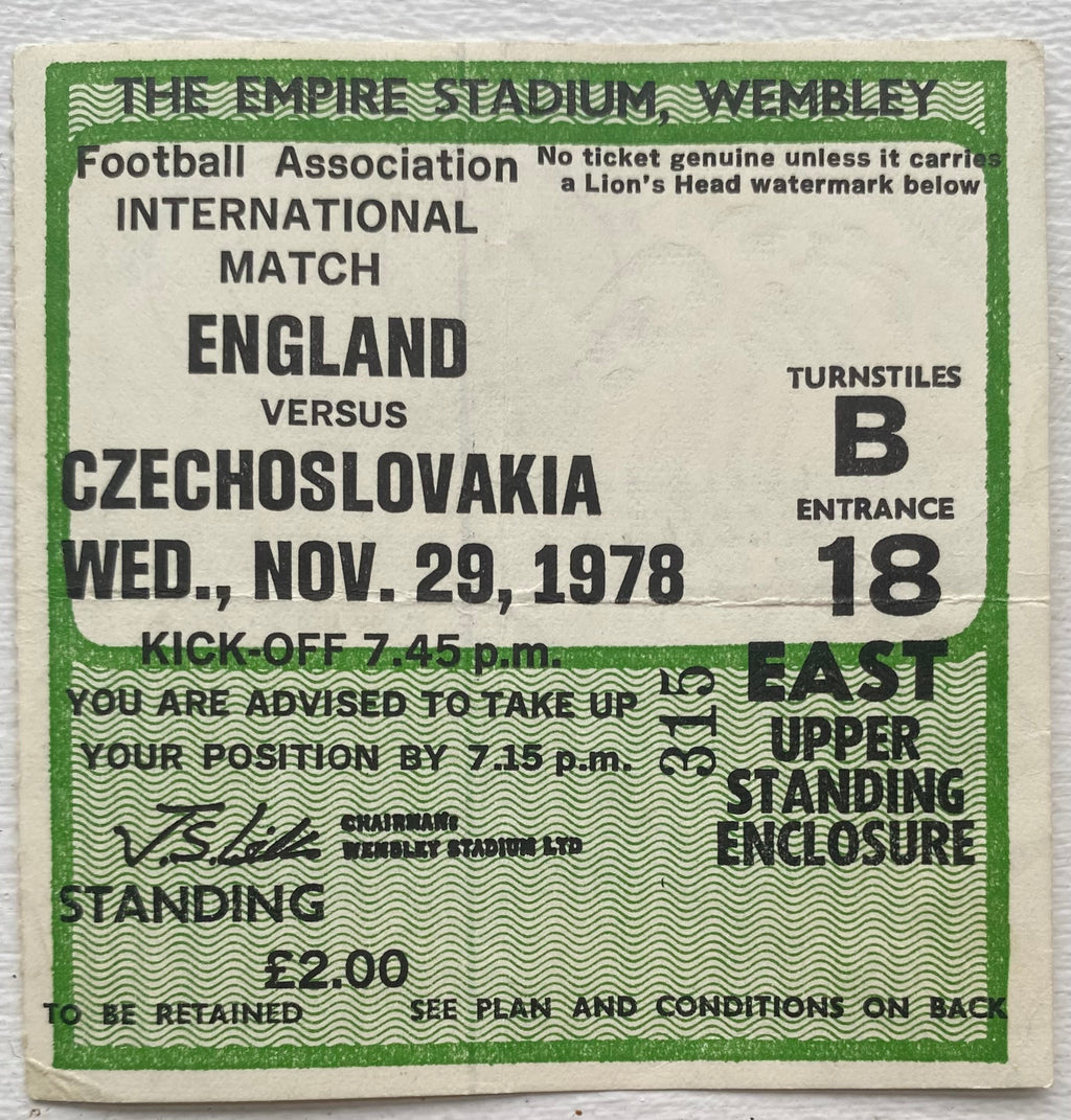 1978 ORIGINAL INTERNATIONAL TICKET ENGLAND V CZECHOSLOVAKIA