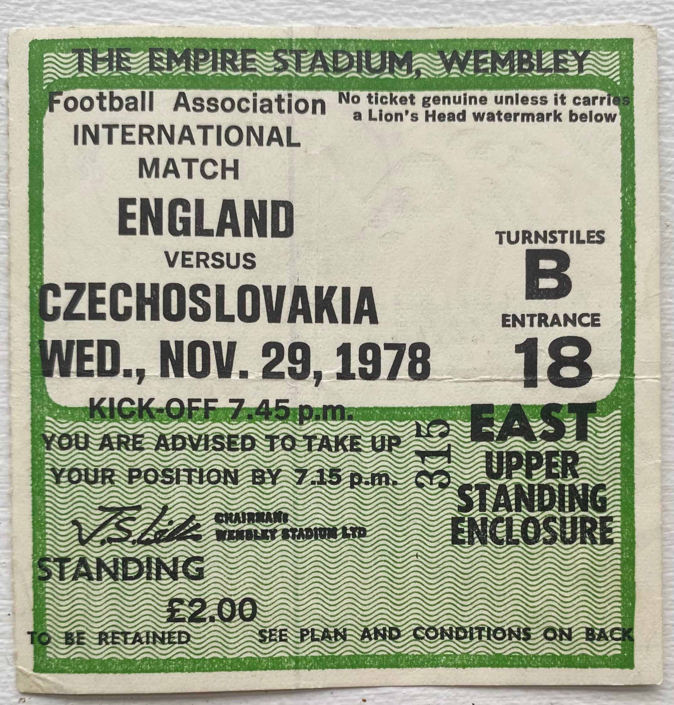 1978 ORIGINAL INTERNATIONAL TICKET ENGLAND V CZECHOSLOVAKIA