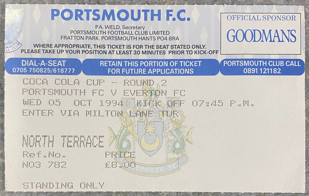 1994/95 ORIGINAL COCA COLA CUP 2ND ROUND 2ND LEG TICKET PORTSMOUTH V EVERTON