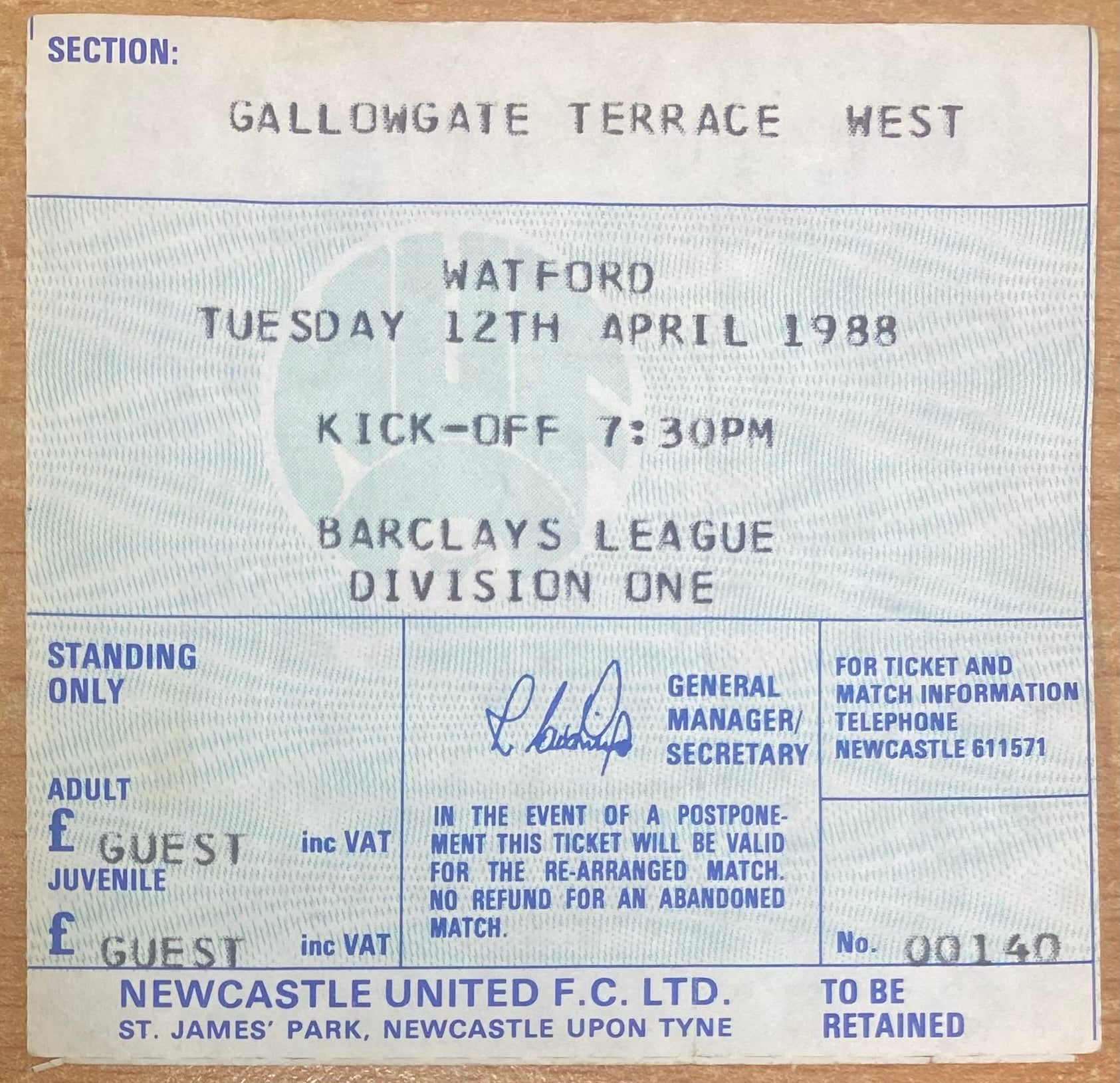 1987/88 ORIGINAL DIVISION 1 TICKET NEWCASTLE UNITED V WATFORD