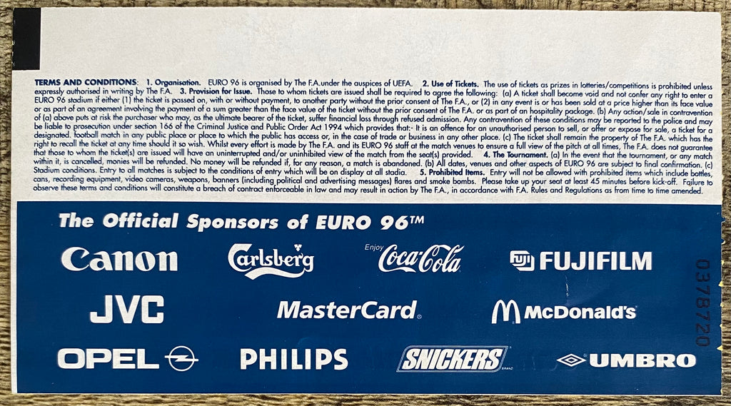 1996 ORIGINAL EUROPEAN CHAMPIONSHIPS EURO 96 THE FINAL TICKET CZECH REPUBLIC V GERMANY @ WEMBLEY