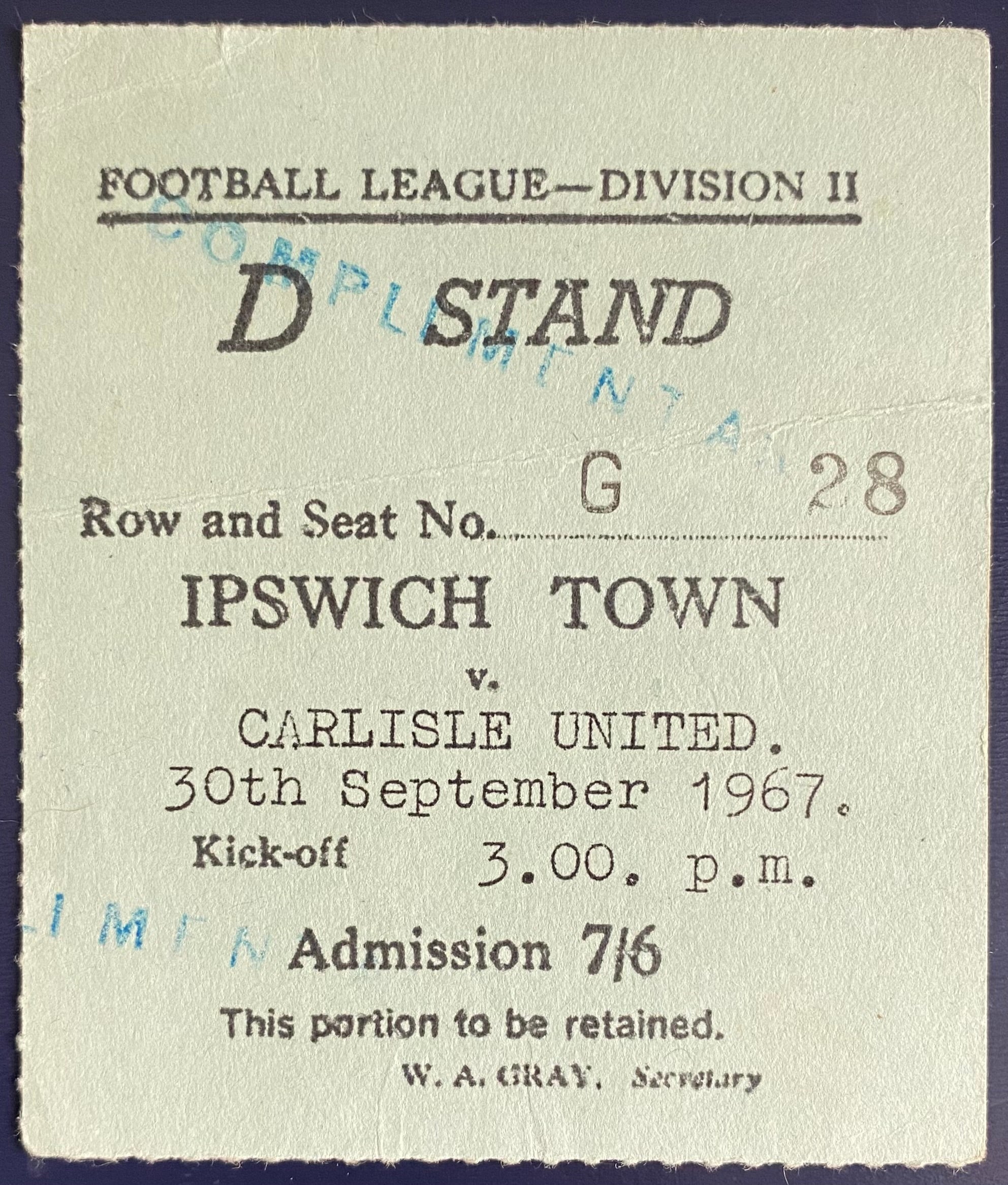 1967/68 ORIGINAL DIVISION 2 TICKET IPSWICH TOWN V CARLISLE UNITED