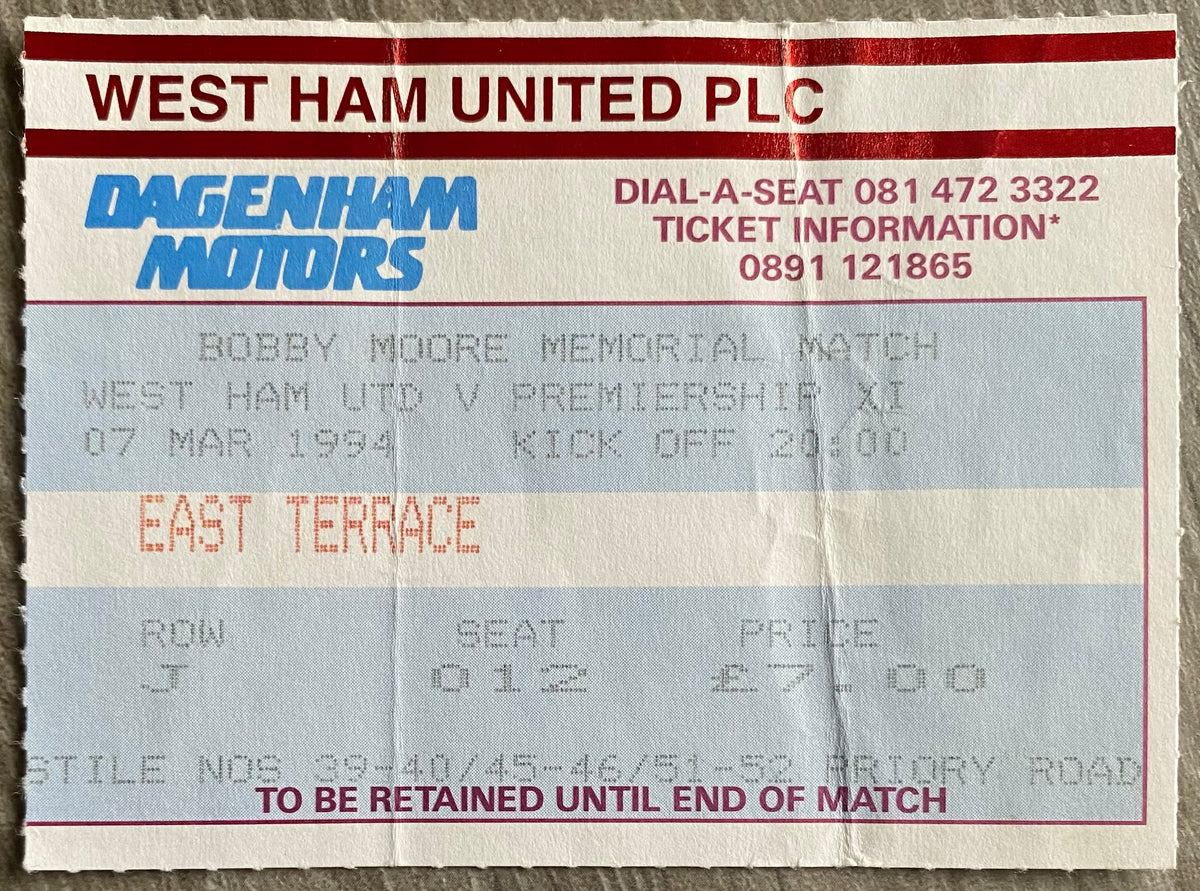 1993/94 ORIGINAL BOBBY MOORE MEMORIAL MATCH TICKET WEST HAM UNITED V PREMIERSHIP XI